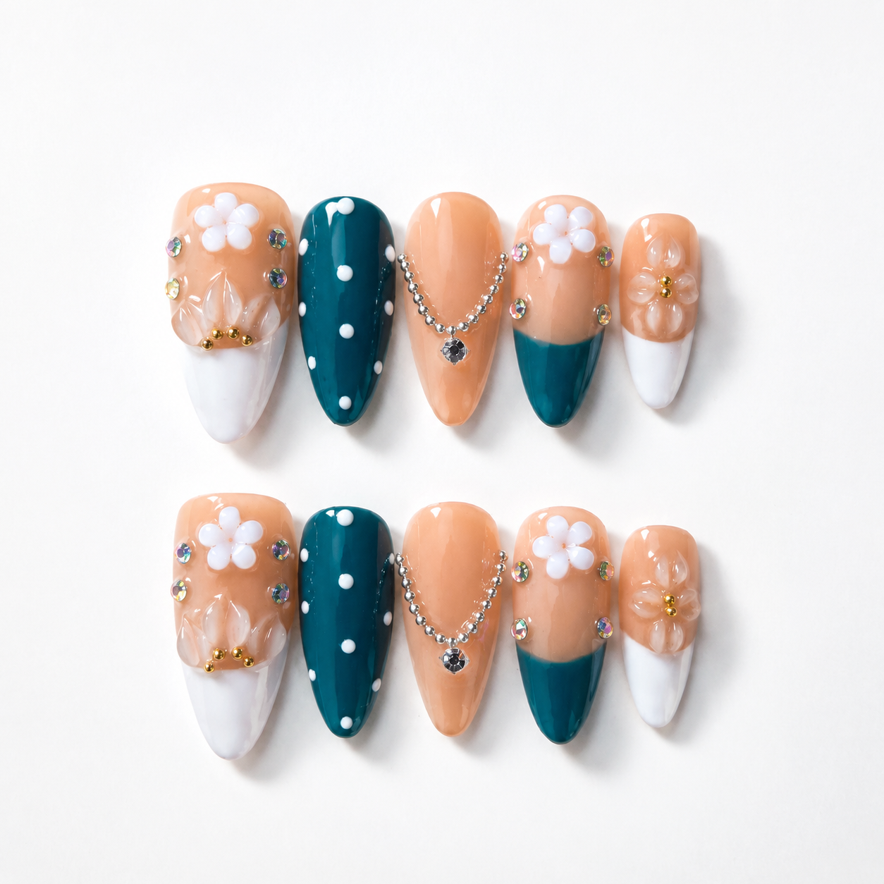 Handmade press on nails medium almond nude pink base with blue polka dot accent 3D floral design-Coral Teal A083