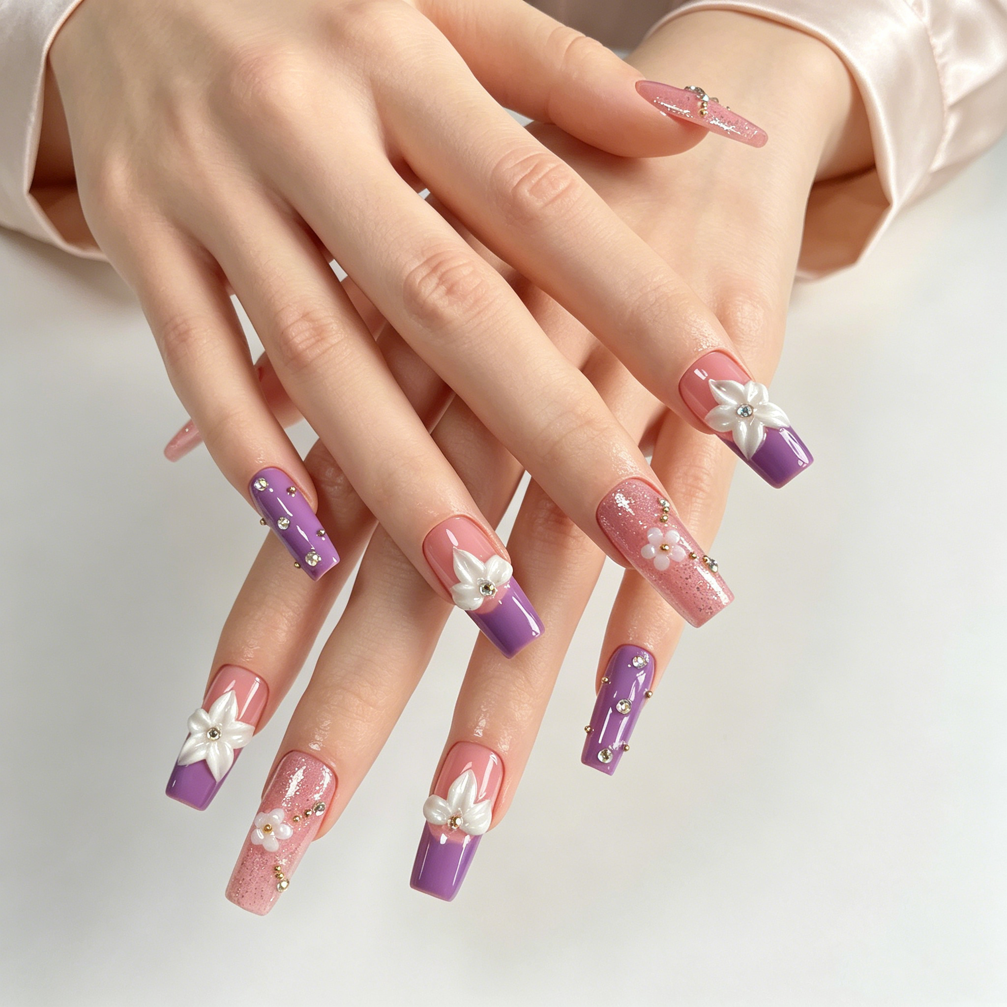 Handmade purple french tip 3D flower press on nails medium coffin rhinestone nude set set-Soft Violet A086