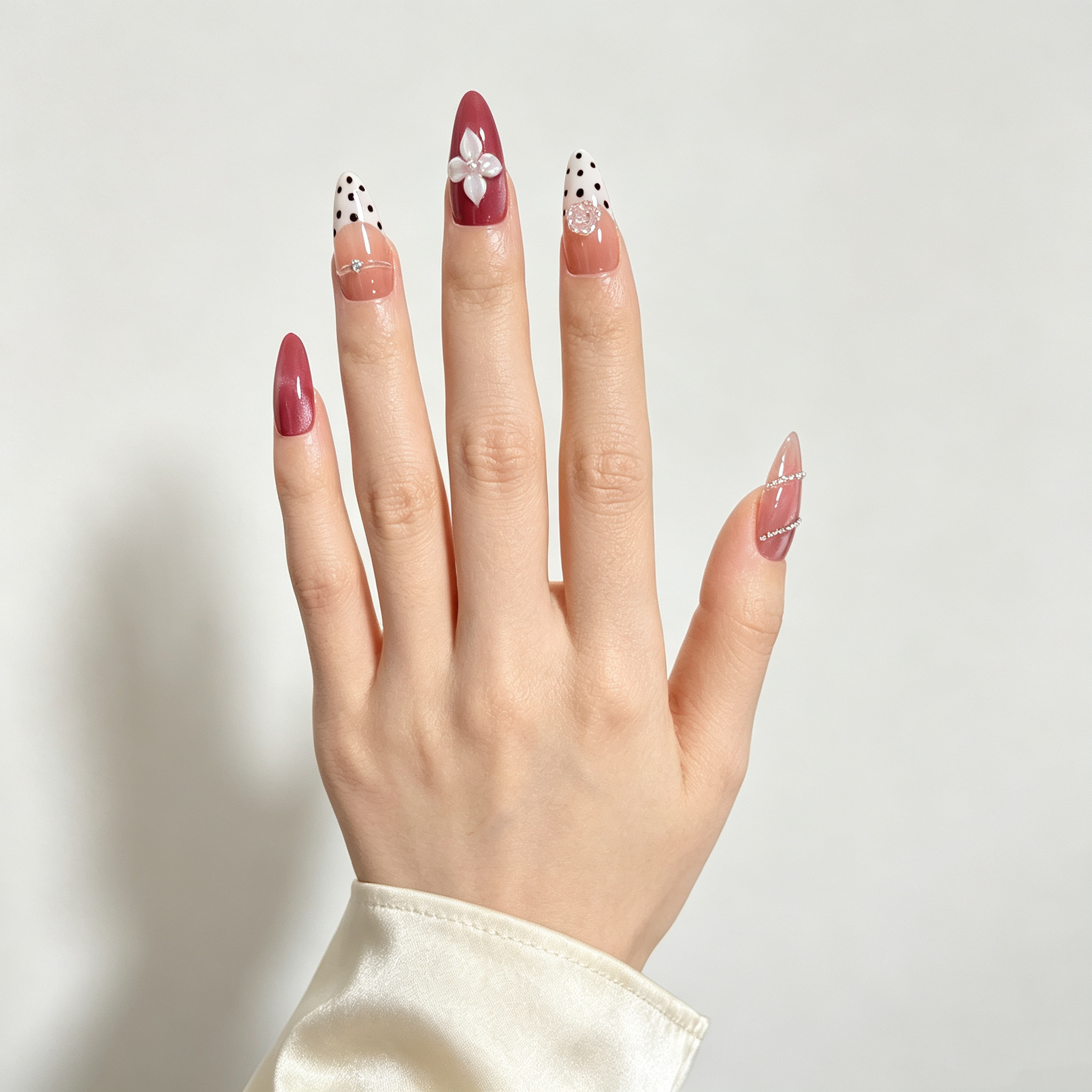 Handmade barbie pink cat eye french nails polka dot 3D flower press on nails medium almond-Sweet Dot A085