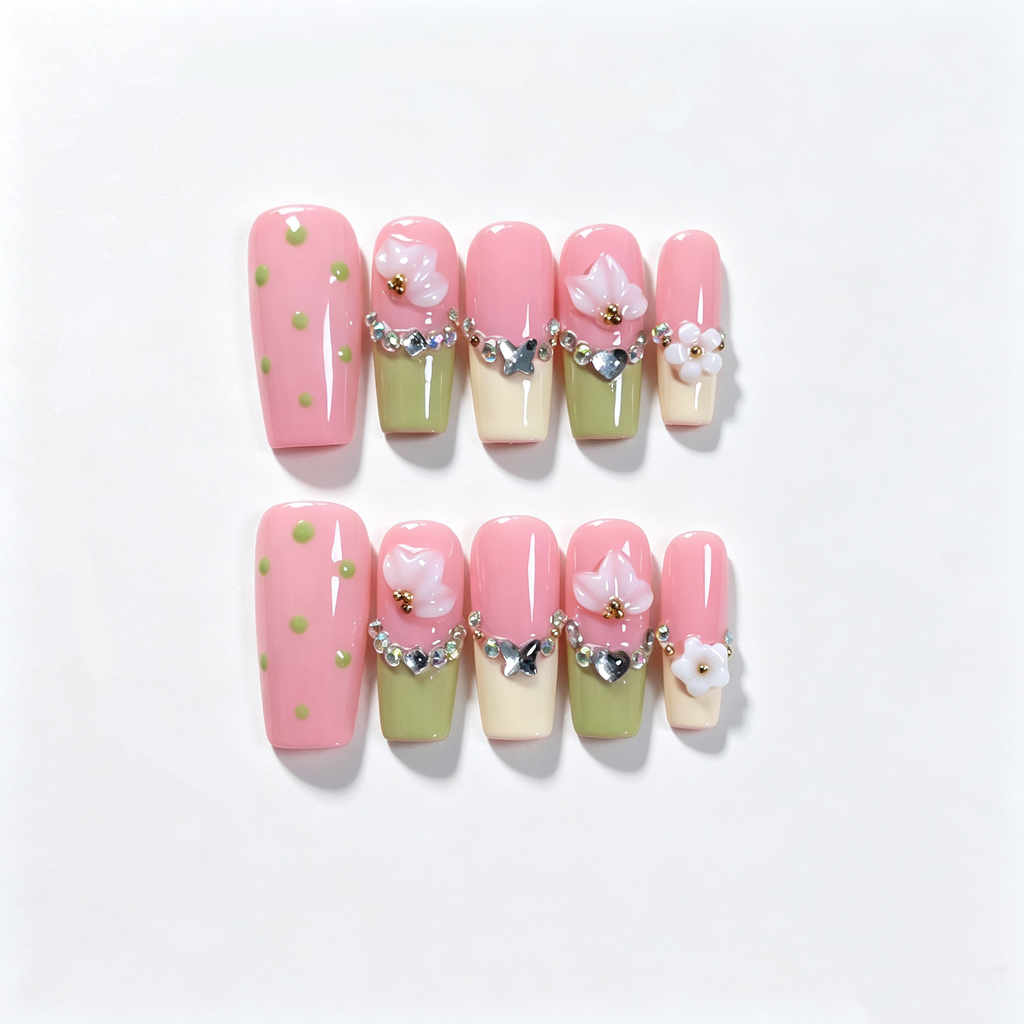 Handmade medium coffin green/yellow french tip press on nails nude pink 3D flower nails-Petal Charm A084