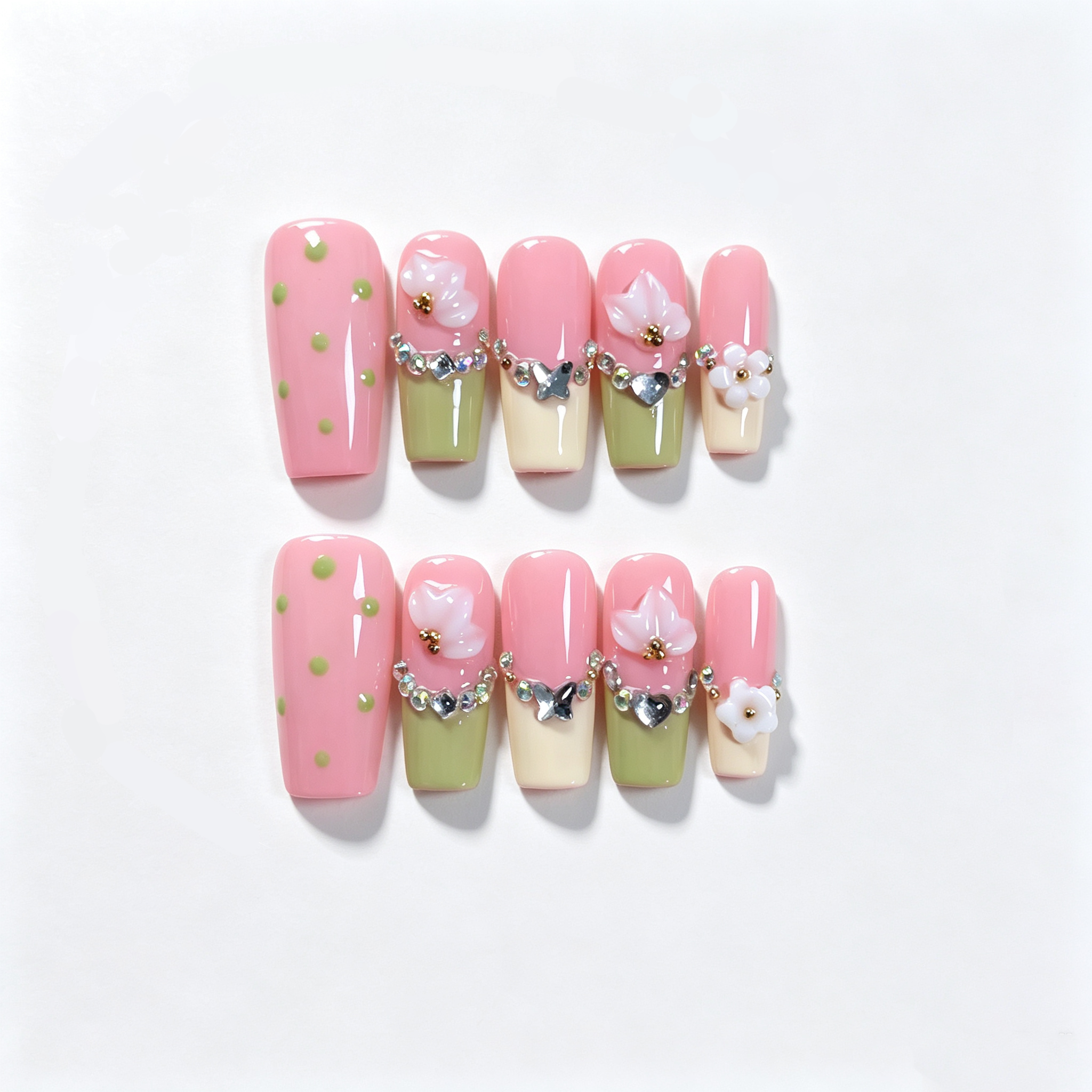 Handmade medium coffin green/yellow french tip press on nails nude pink 3D flower nails-Petal Charm A084