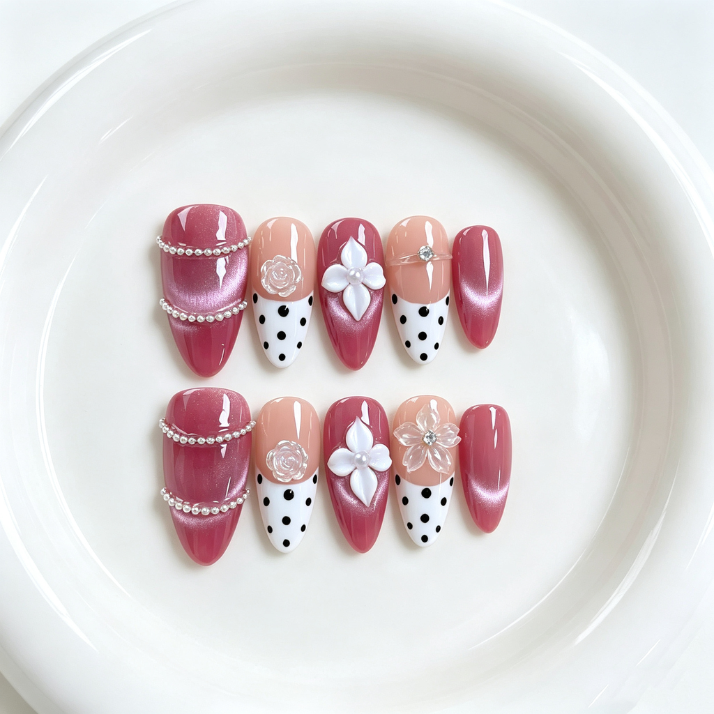 Handmade barbie pink cat eye french nails polka dot 3D flower press on nails medium almond-Sweet Dot A085