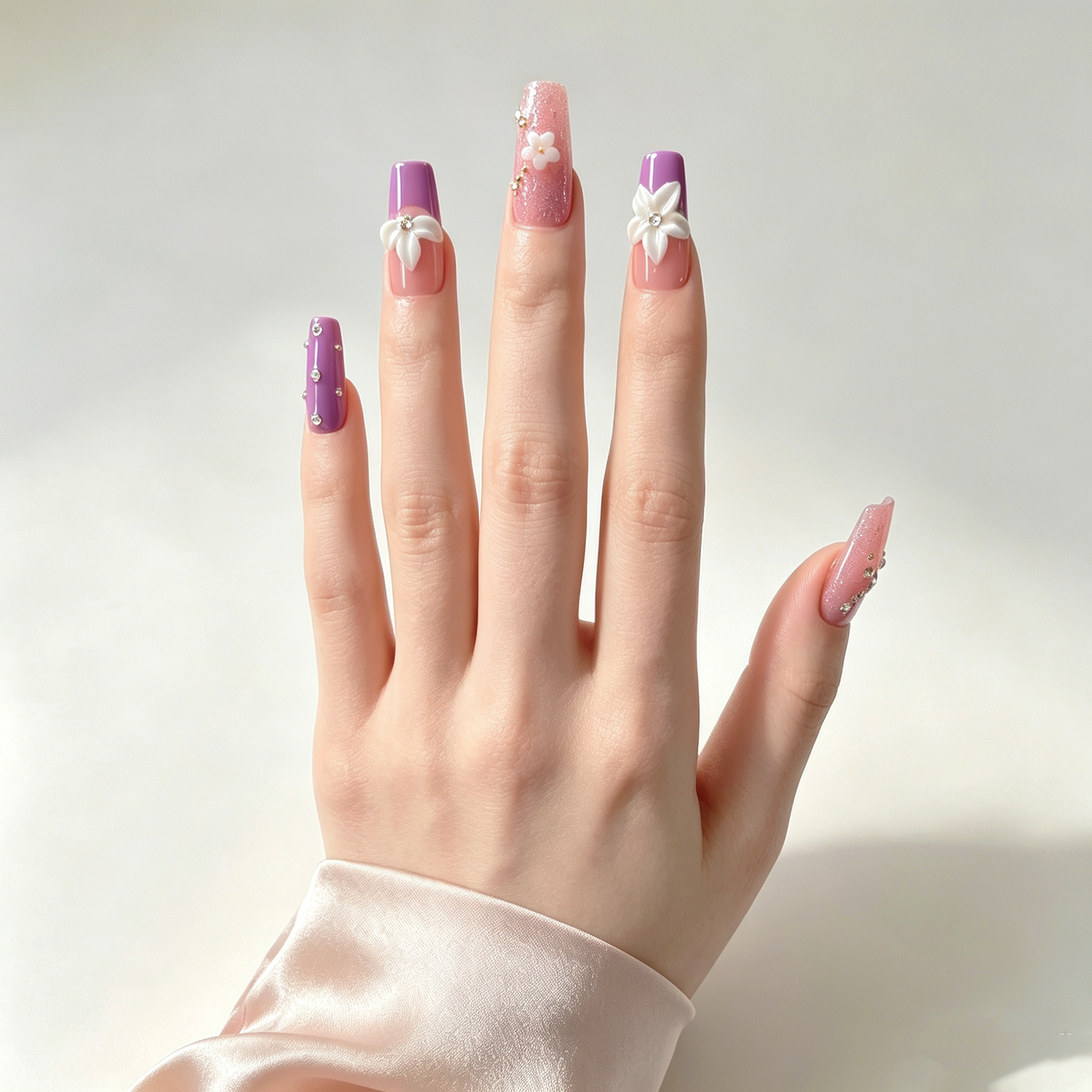 Handmade purple french tip 3D flower press on nails medium coffin rhinestone nude set set-Soft Violet A086
