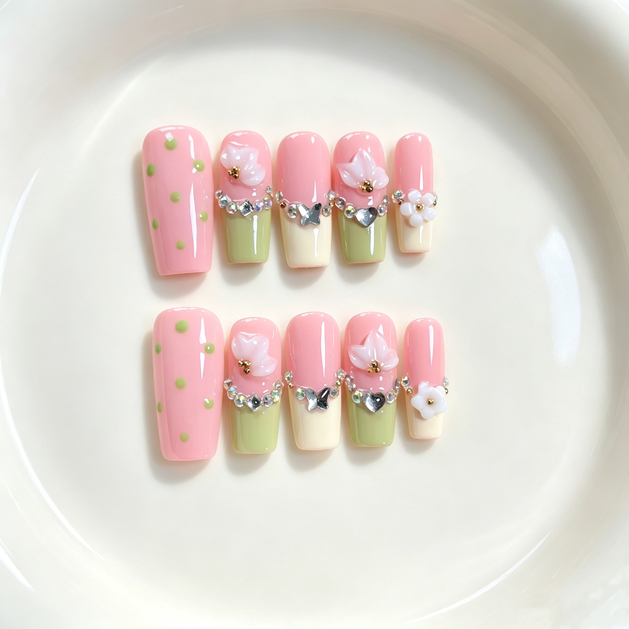 Handmade medium coffin green/yellow french tip press on nails nude pink 3D flower nails-Petal Charm A084