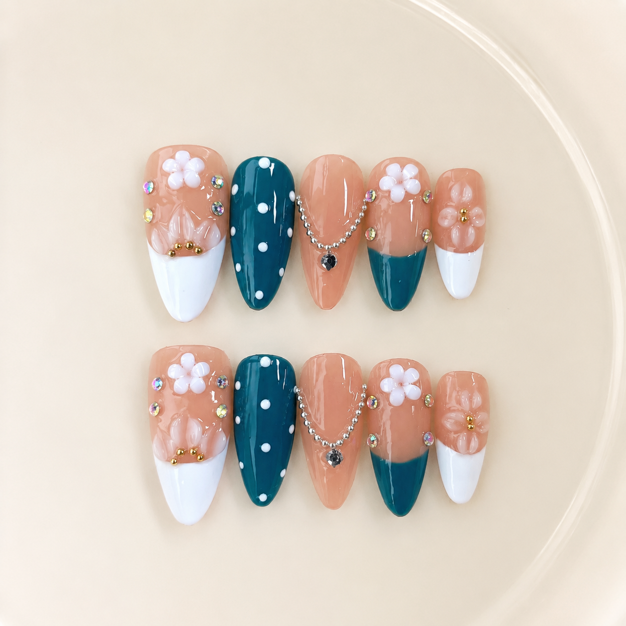 Handmade press on nails medium almond nude pink base with blue polka dot accent 3D floral design-Coral Teal A083