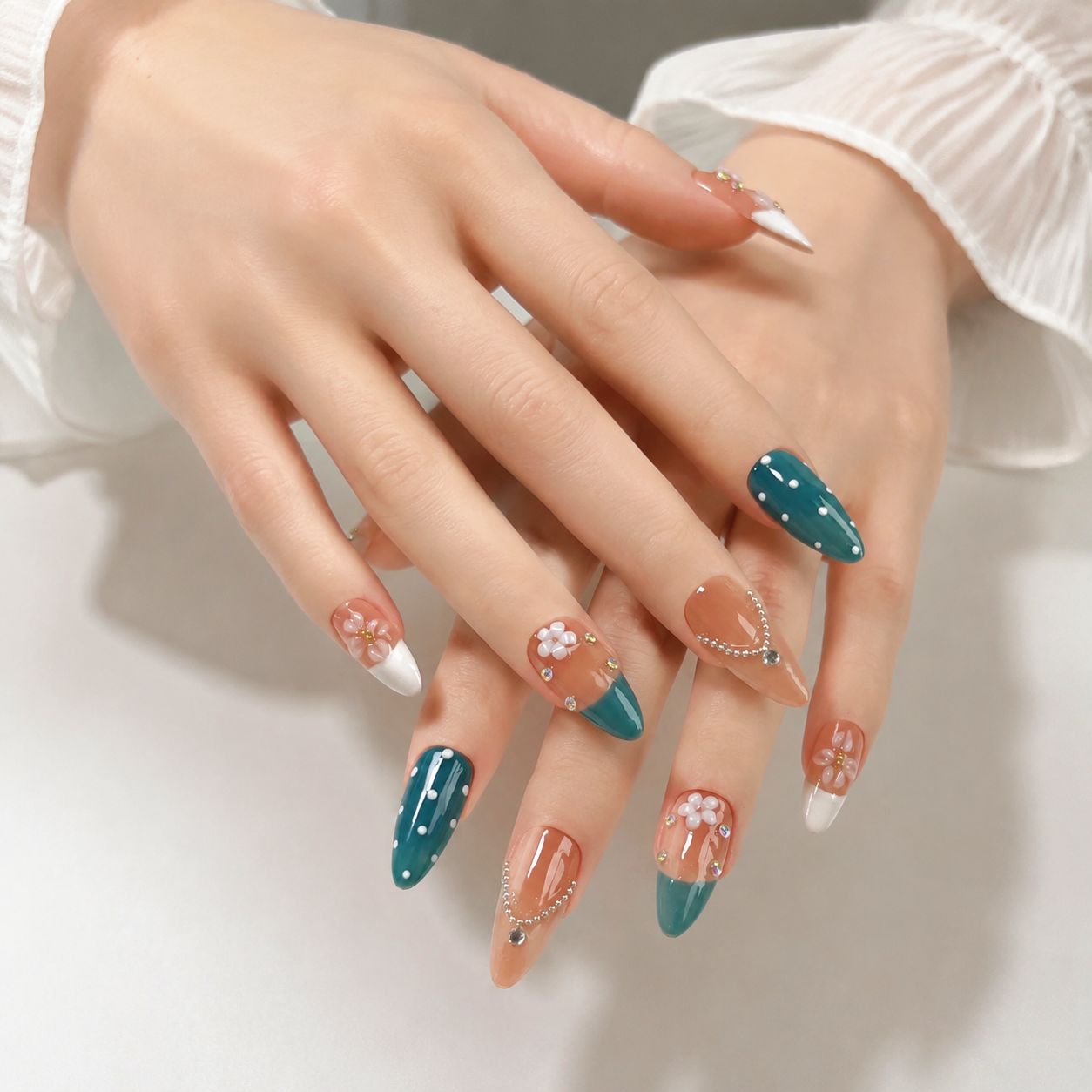 Handmade press on nails medium almond nude pink base with blue polka dot accent 3D floral design-Coral Teal A083