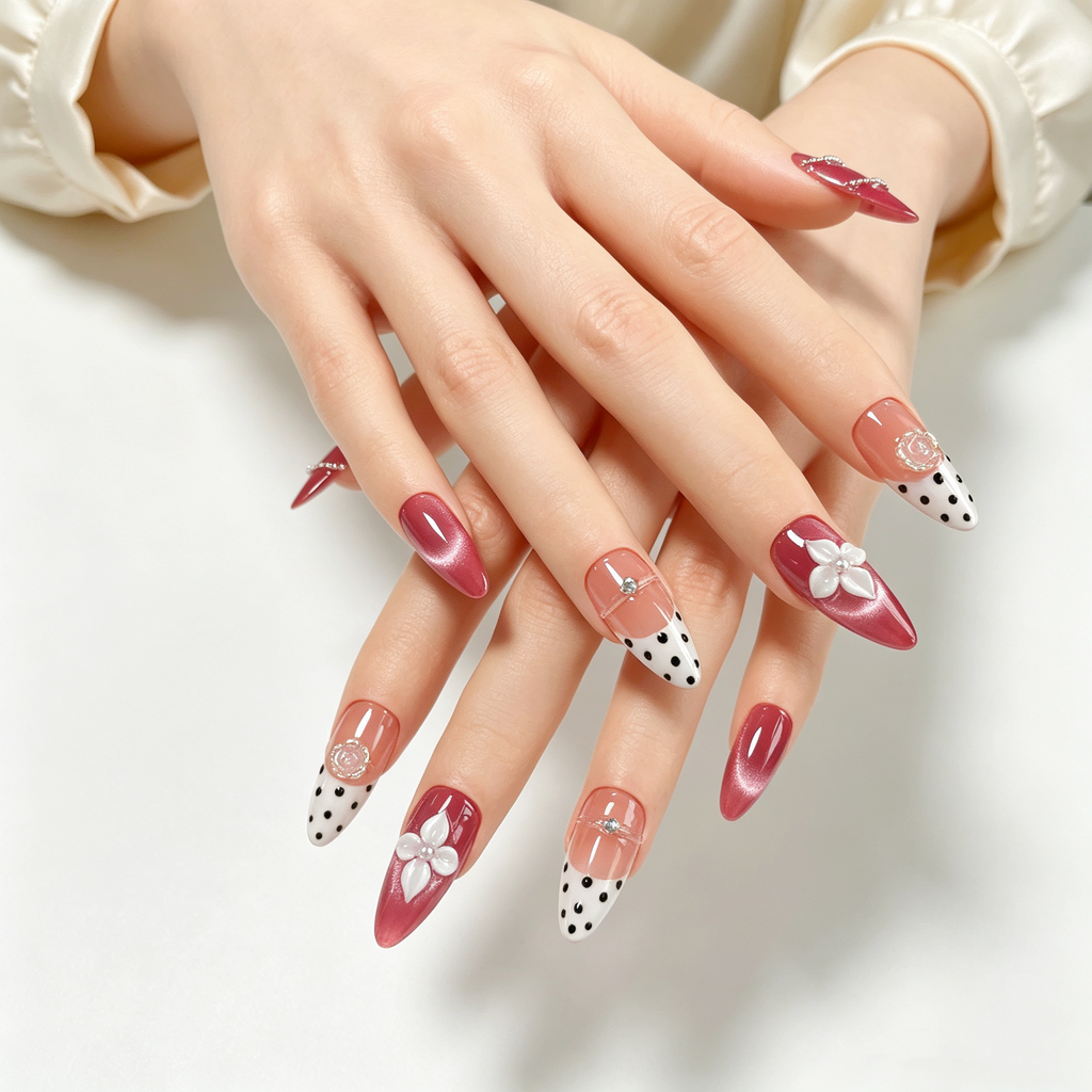 Handmade barbie pink cat eye french nails polka dot 3D flower press on nails medium almond-Sweet Dot A085