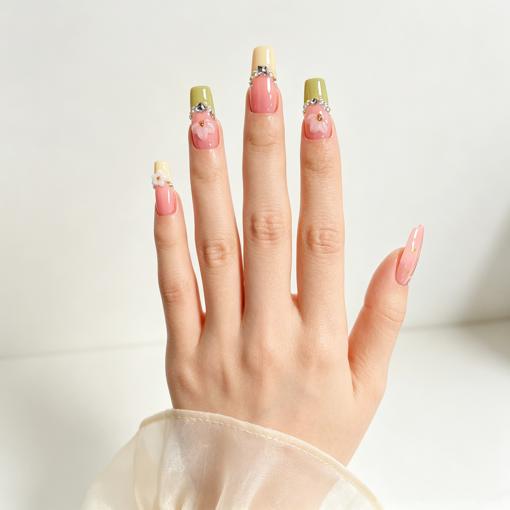 Handmade medium coffin green/yellow french tip press on nails nude pink 3D flower nails-Petal Charm A084