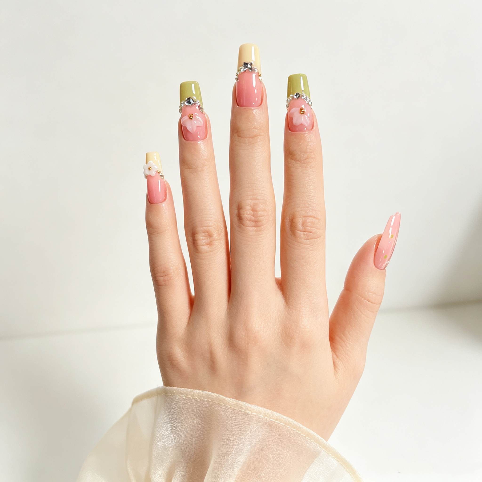 Handmade medium coffin green/yellow french tip press on nails nude pink 3D flower nails-Petal Charm A084