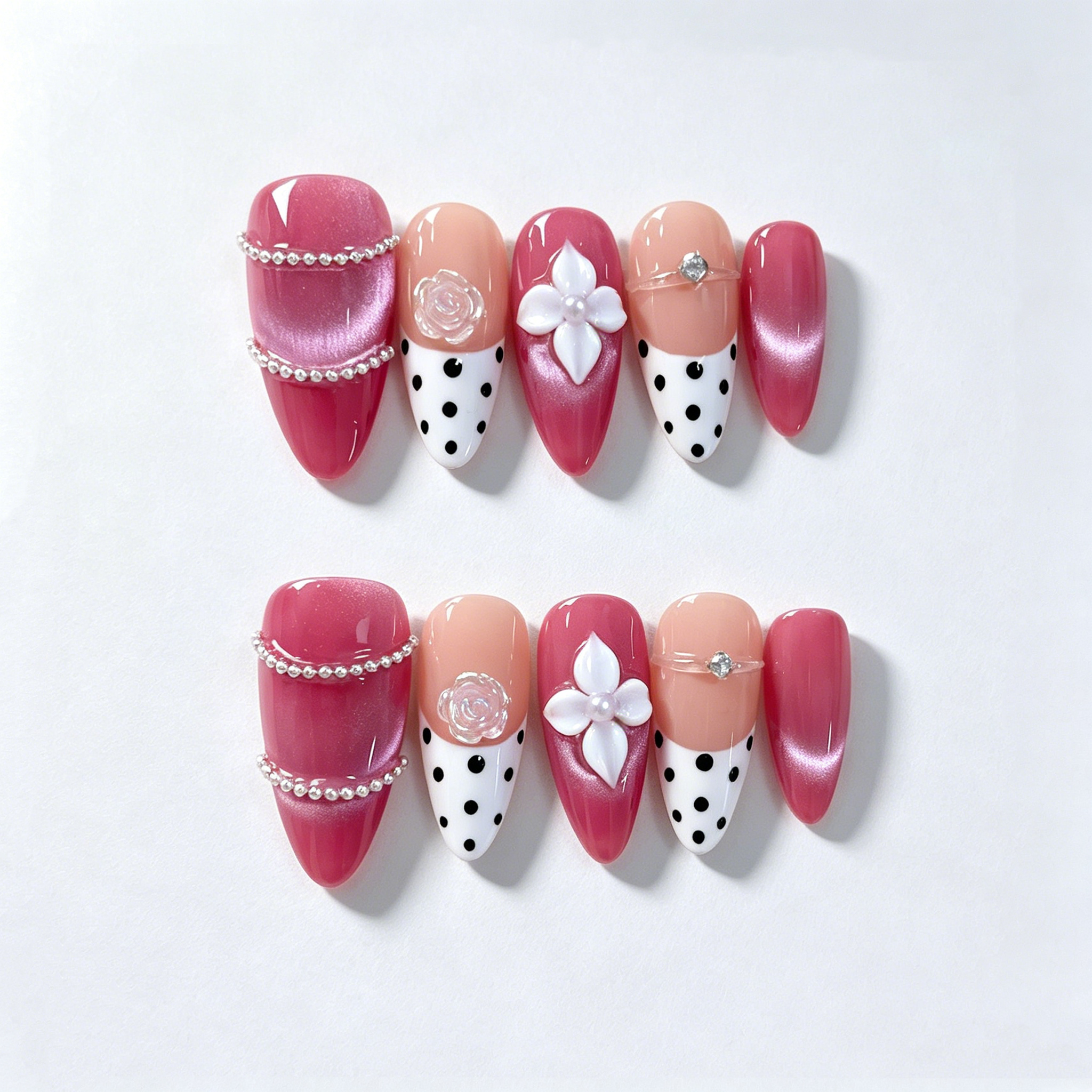 Handmade barbie pink cat eye french nails polka dot 3D flower press on nails medium almond-Sweet Dot A085