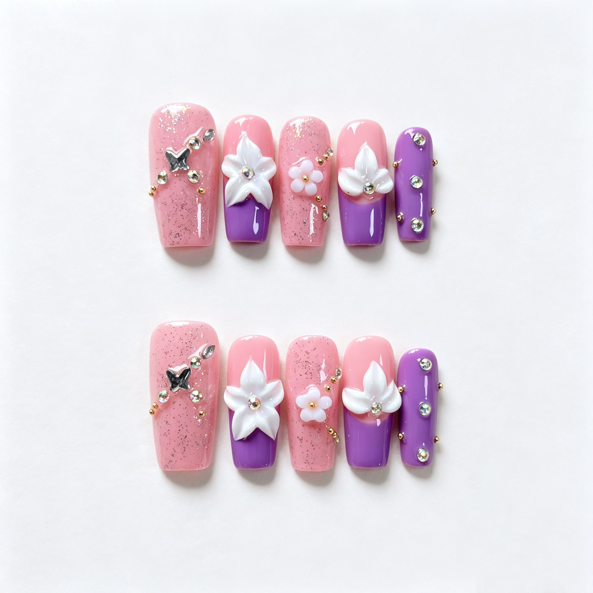 Handmade purple french tip 3D flower press on nails medium coffin rhinestone nude set set-Soft Violet A086