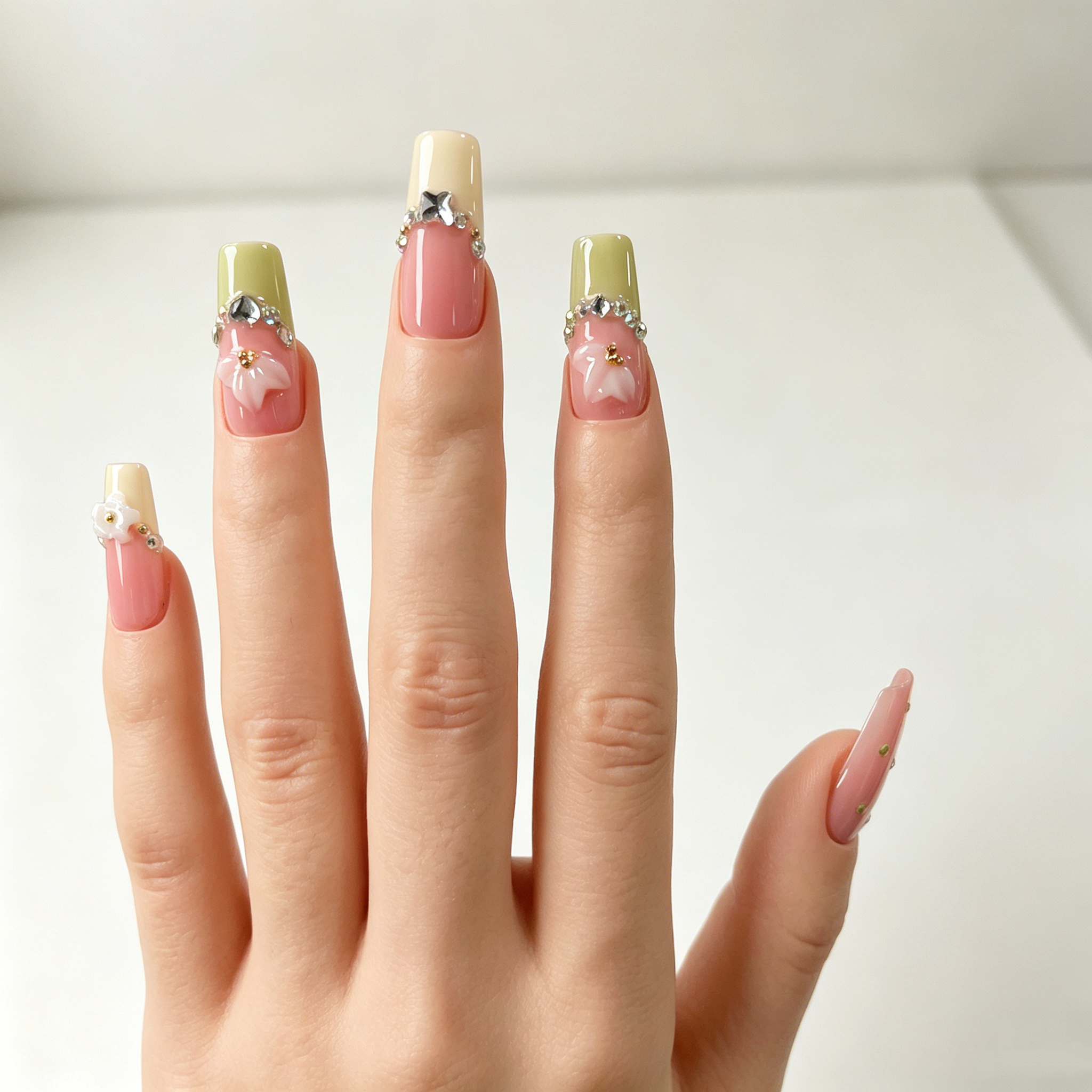 Handmade medium coffin green/yellow french tip press on nails nude pink 3D flower nails-Petal Charm A084