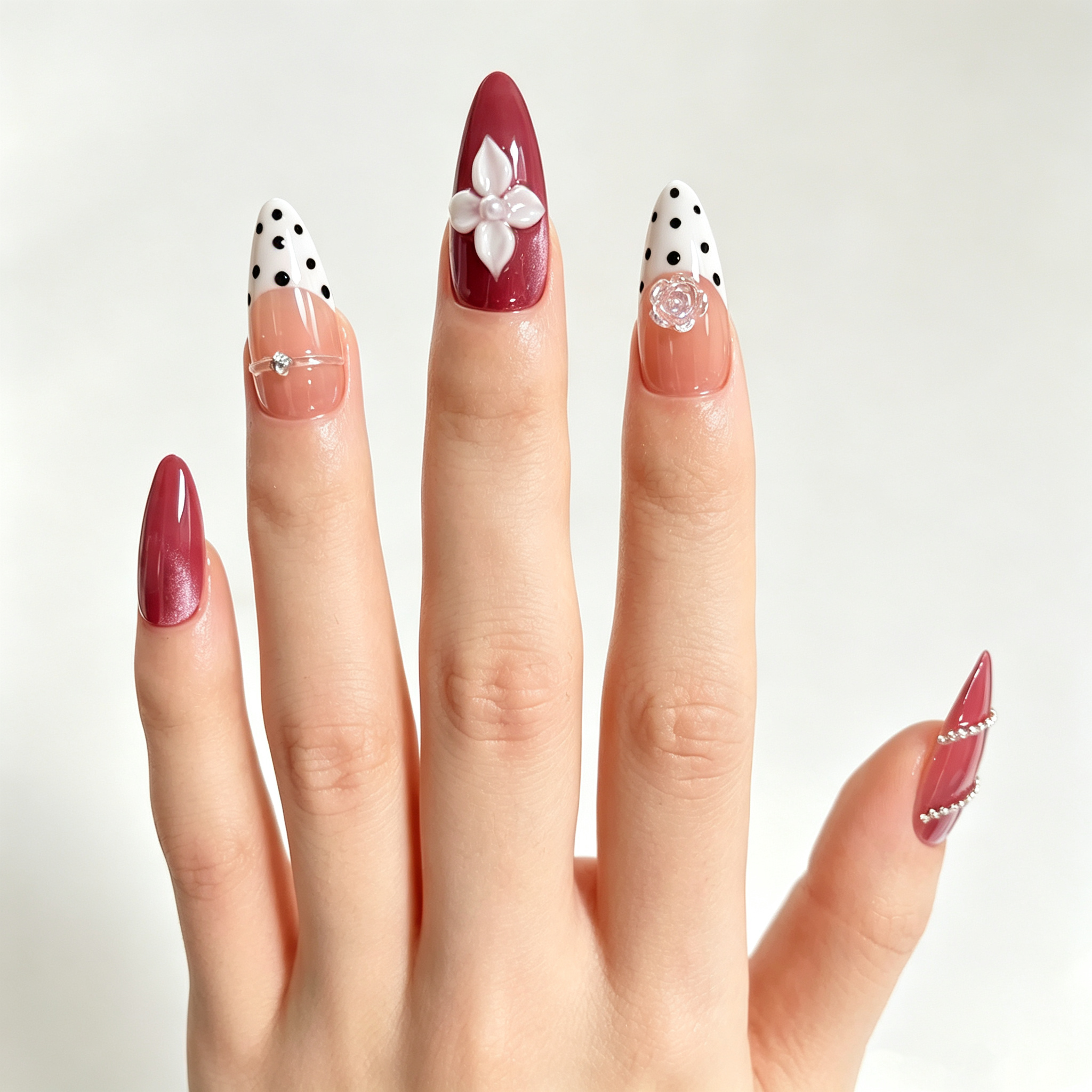 Handmade barbie pink cat eye french nails polka dot 3D flower press on nails medium almond-Sweet Dot A085