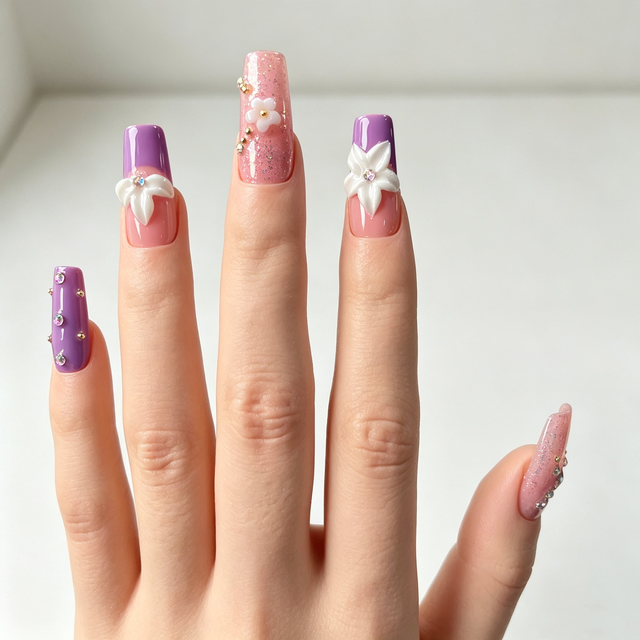 Handmade purple french tip 3D flower press on nails medium coffin rhinestone nude set set-Soft Violet A086