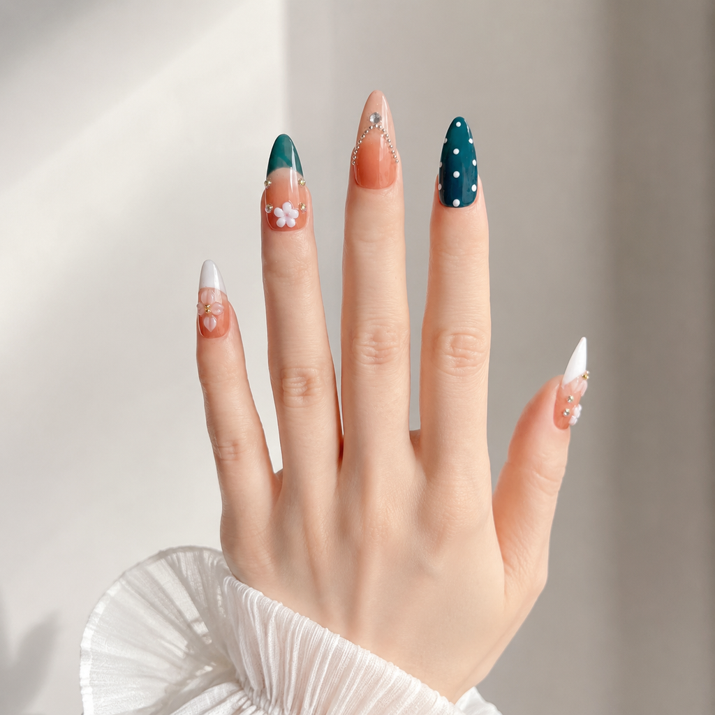 Handmade press on nails medium almond nude pink base with blue polka dot accent 3D floral design-Coral Teal A083