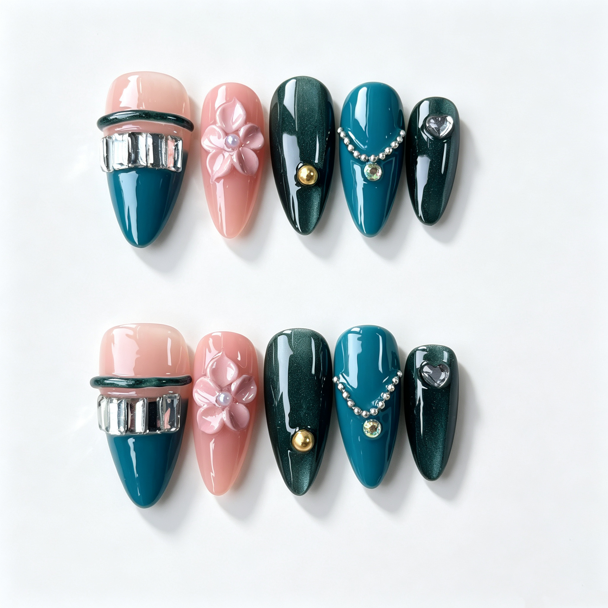 Handmade nails medium almond nude base with deep emerald green cat eye french tip 3D floral design chain detail-Coral Teal A087