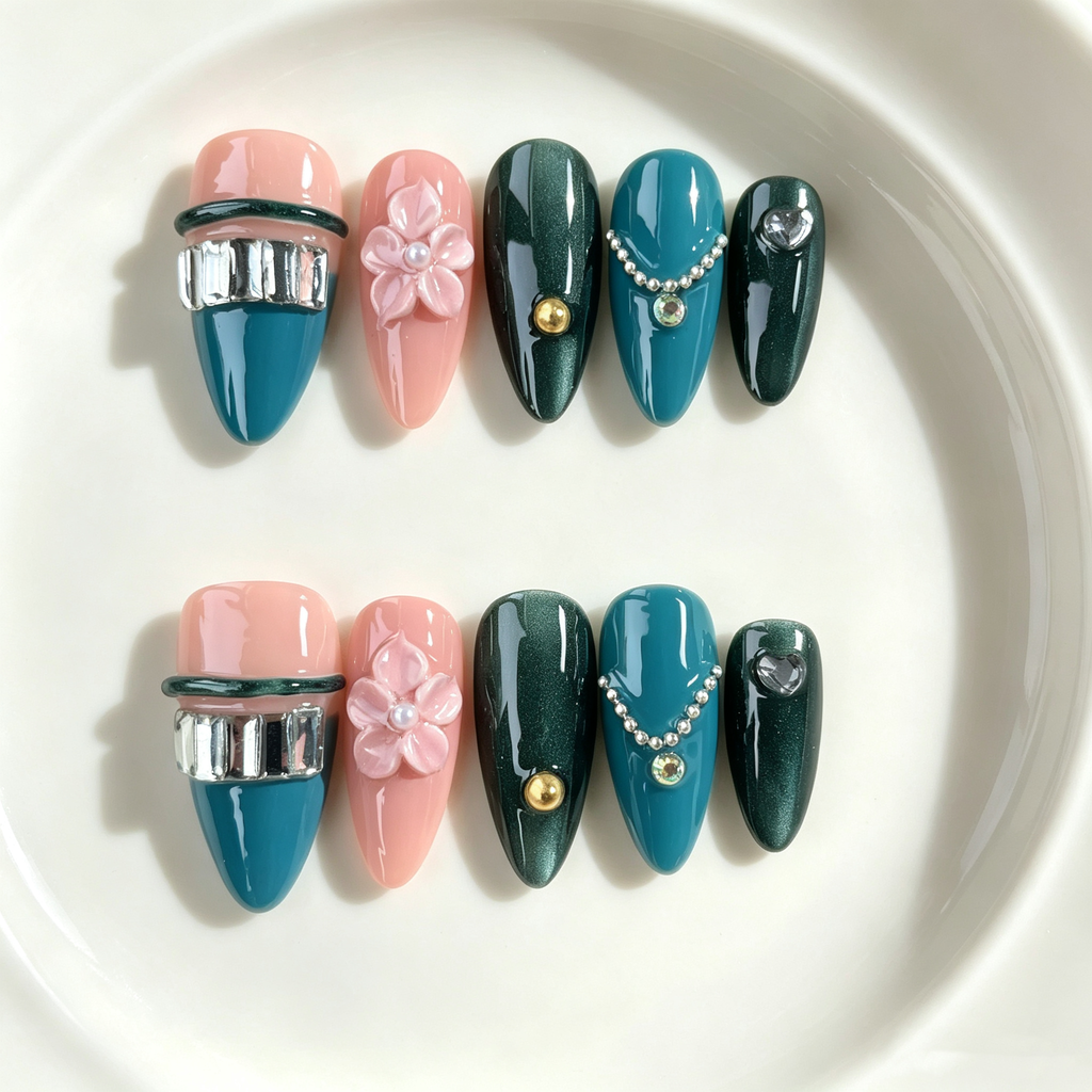 Handmade nails medium almond nude base with deep emerald green cat eye french tip 3D floral design chain detail-Coral Teal A087