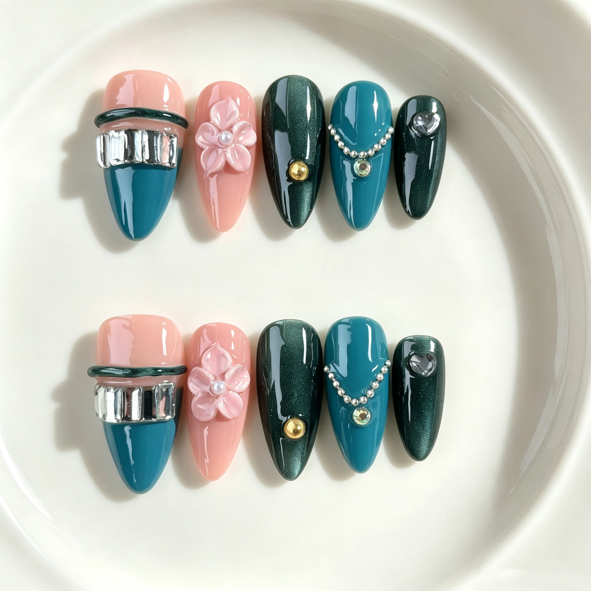 Handmade nails medium almond nude base with deep emerald green cat eye french tip 3D floral design chain detail-Coral Teal A087