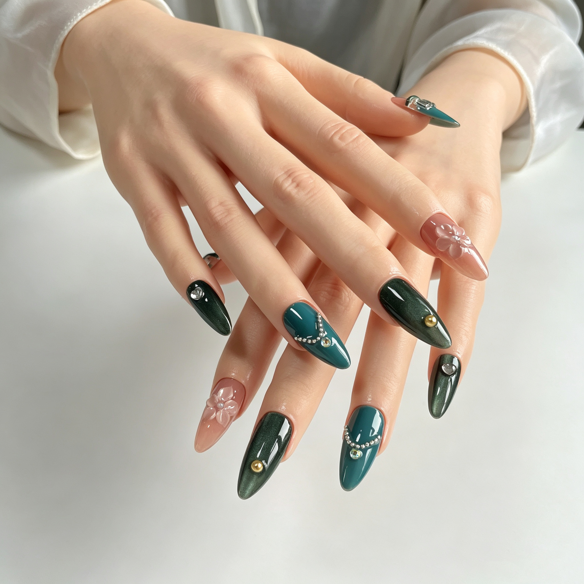 Handmade nails medium almond nude base with deep emerald green cat eye french tip 3D floral design chain detail-Coral Teal A087