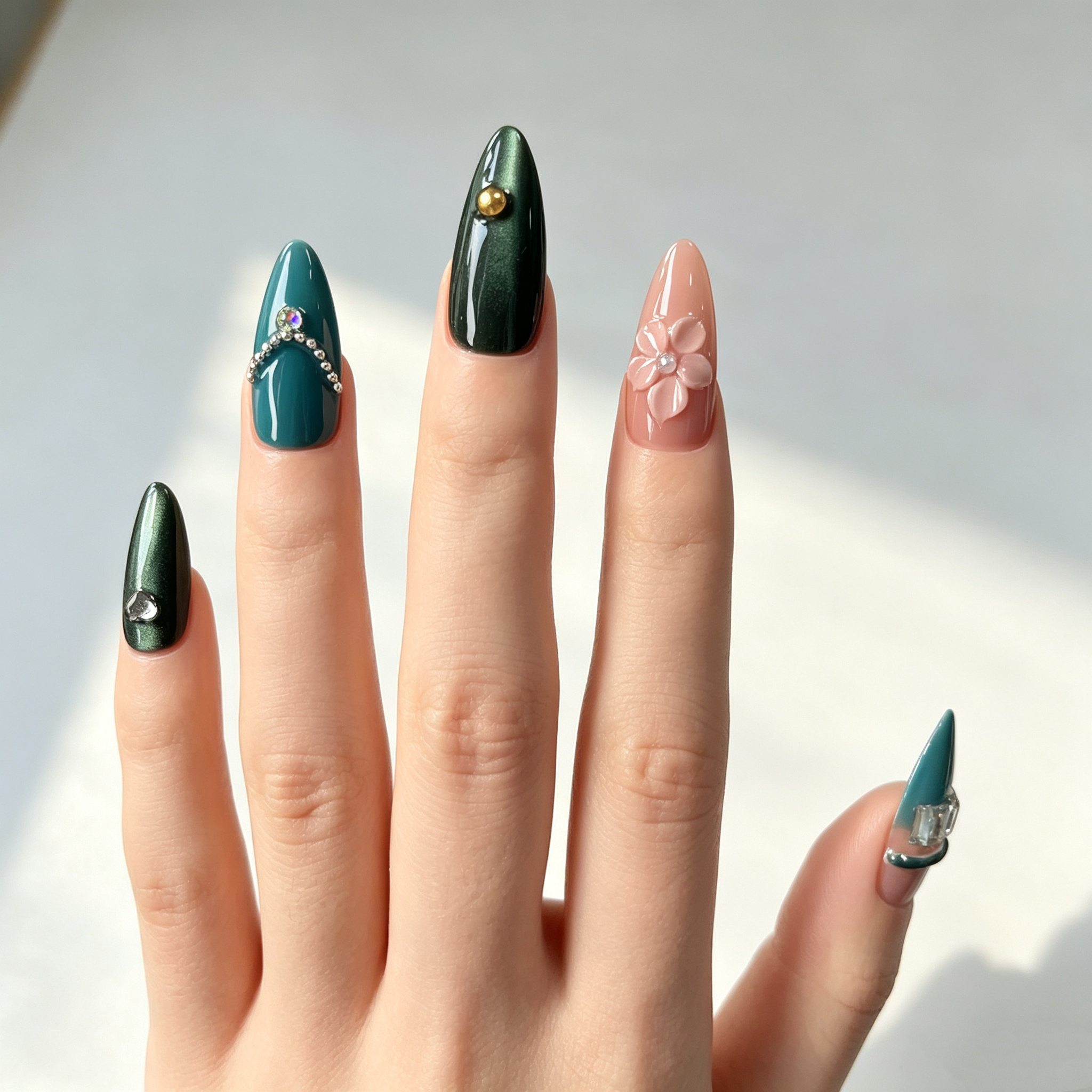Handmade nails medium almond nude base with deep emerald green cat eye french tip 3D floral design chain detail-Coral Teal A087