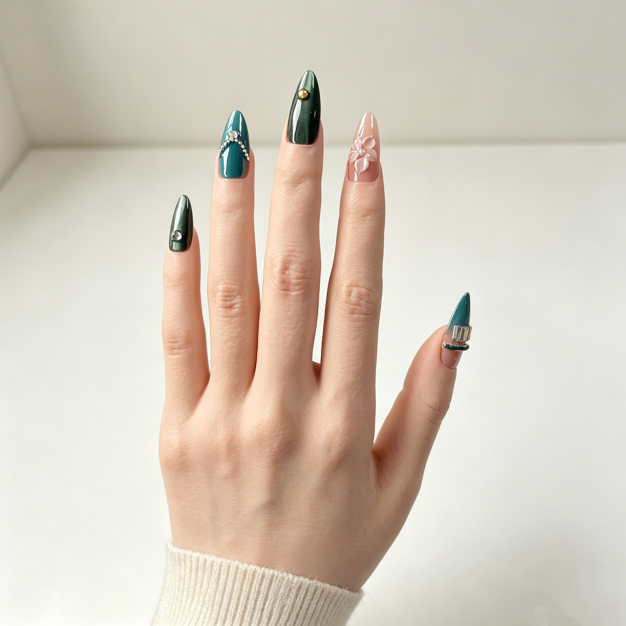 Handmade nails medium almond nude base with deep emerald green cat eye french tip 3D floral design chain detail-Coral Teal A087