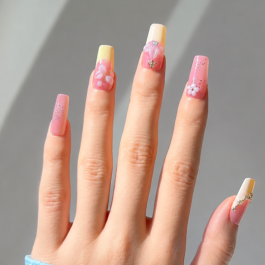 Handmade nude pink yellow french tip press on nails with 3D floral nails medium coffin fake nails-Sweet Petal A093