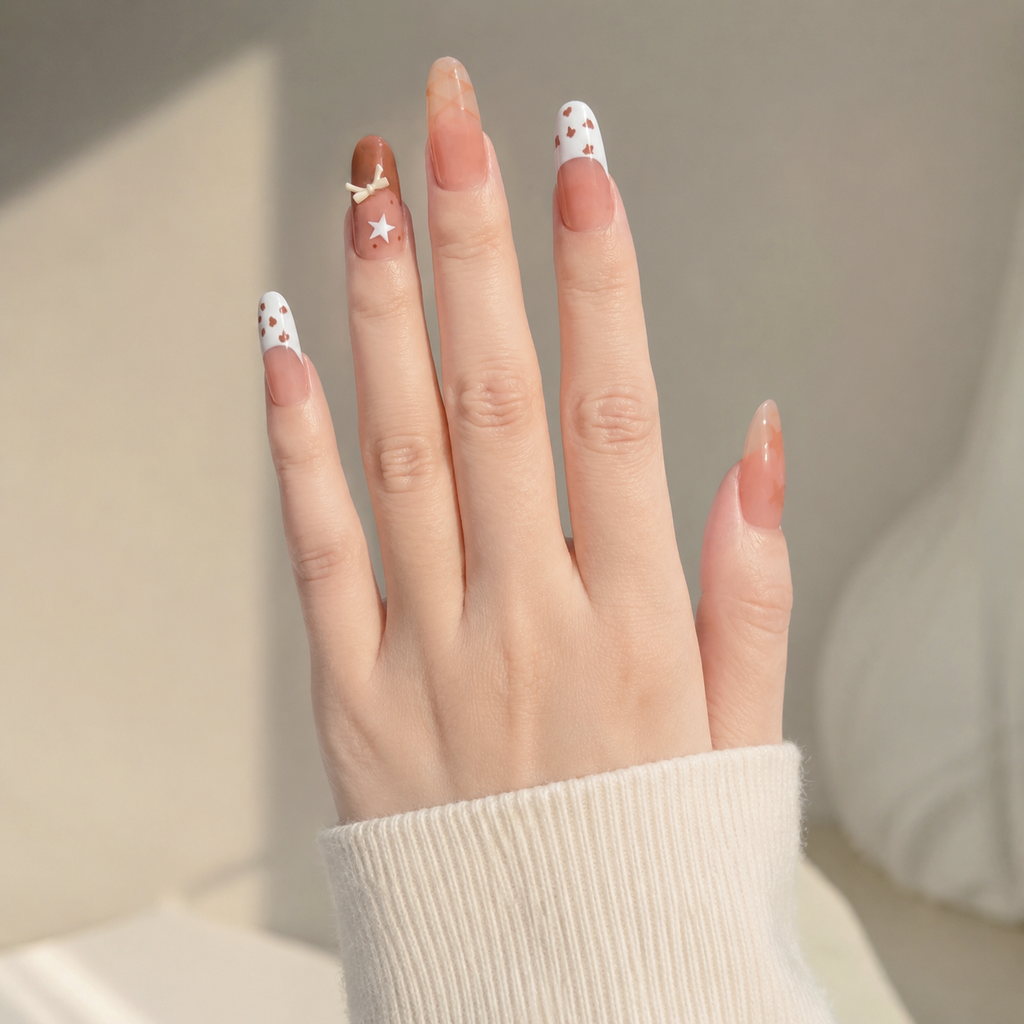 Handmade mediumoval press on nails nude brown french tips with hand painted stars-Wafer Biscuits A091