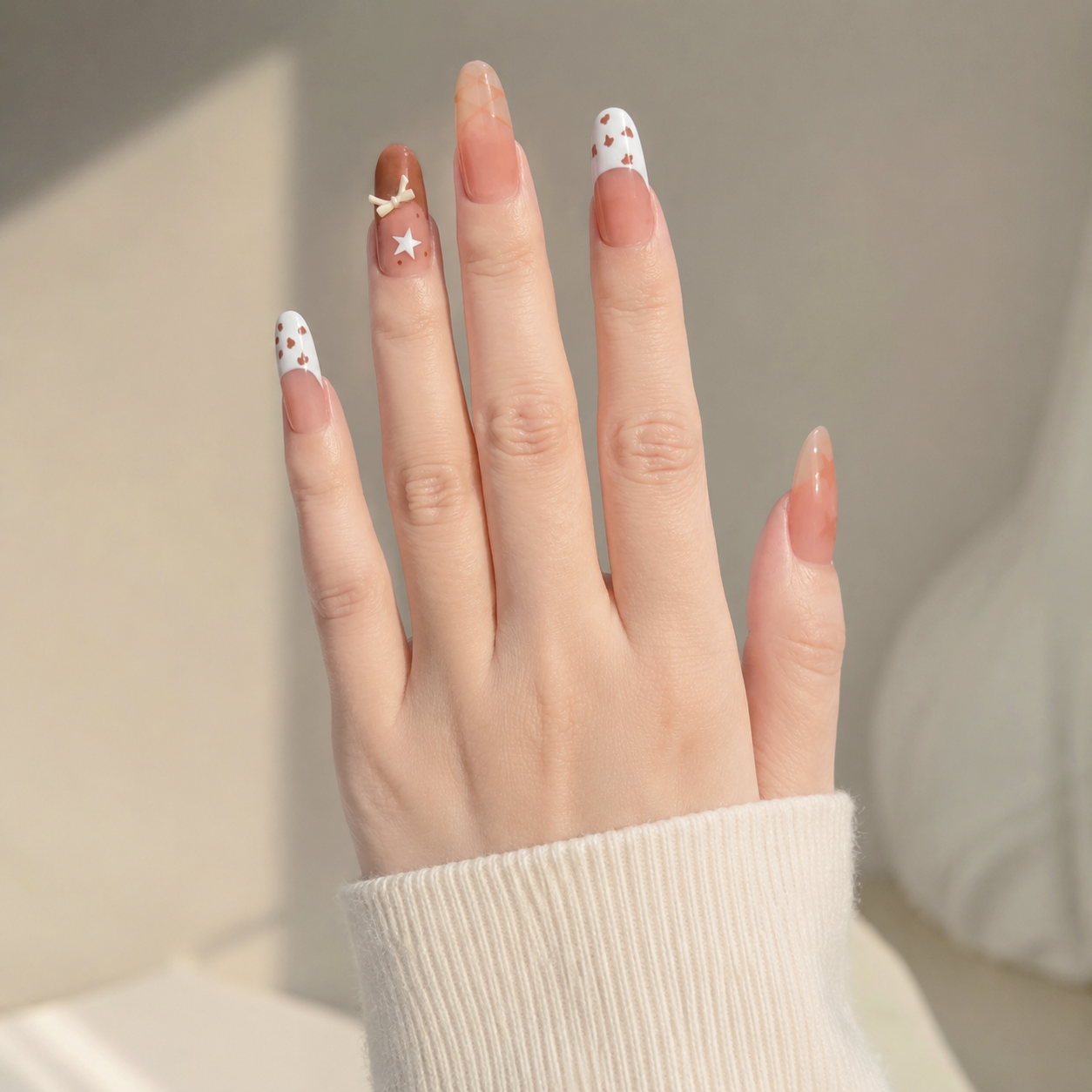 Handmade mediumoval press on nails nude brown french tips with hand painted stars-Wafer Biscuits A091