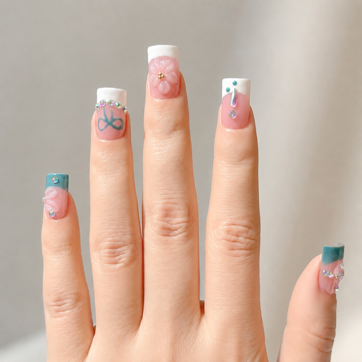Handmade short square blue french press on nails nude white tips with hand painted bow & 3D flower-Waves A092