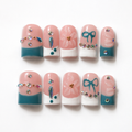 Handmade short square blue french press on nails nude white tips with hand painted bow & 3D flower-Waves A092