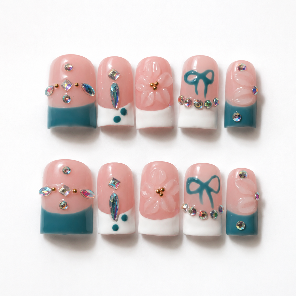Handmade short square blue french press on nails nude white tips with hand painted bow & 3D flower-Waves A092