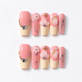 Handmade nude pink yellow french tip press on nails with 3D floral nails medium coffin fake nails-Sweet Petal A093