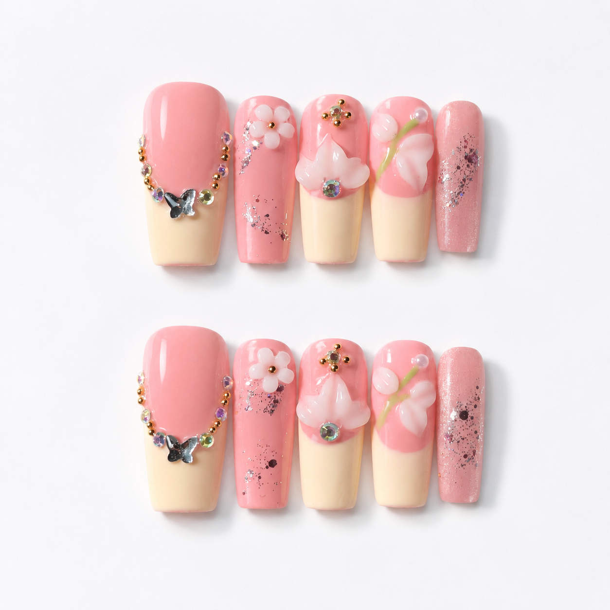 Handmade nude pink yellow french tip press on nails with 3D floral nails medium coffin fake nails-Sweet Petal A093