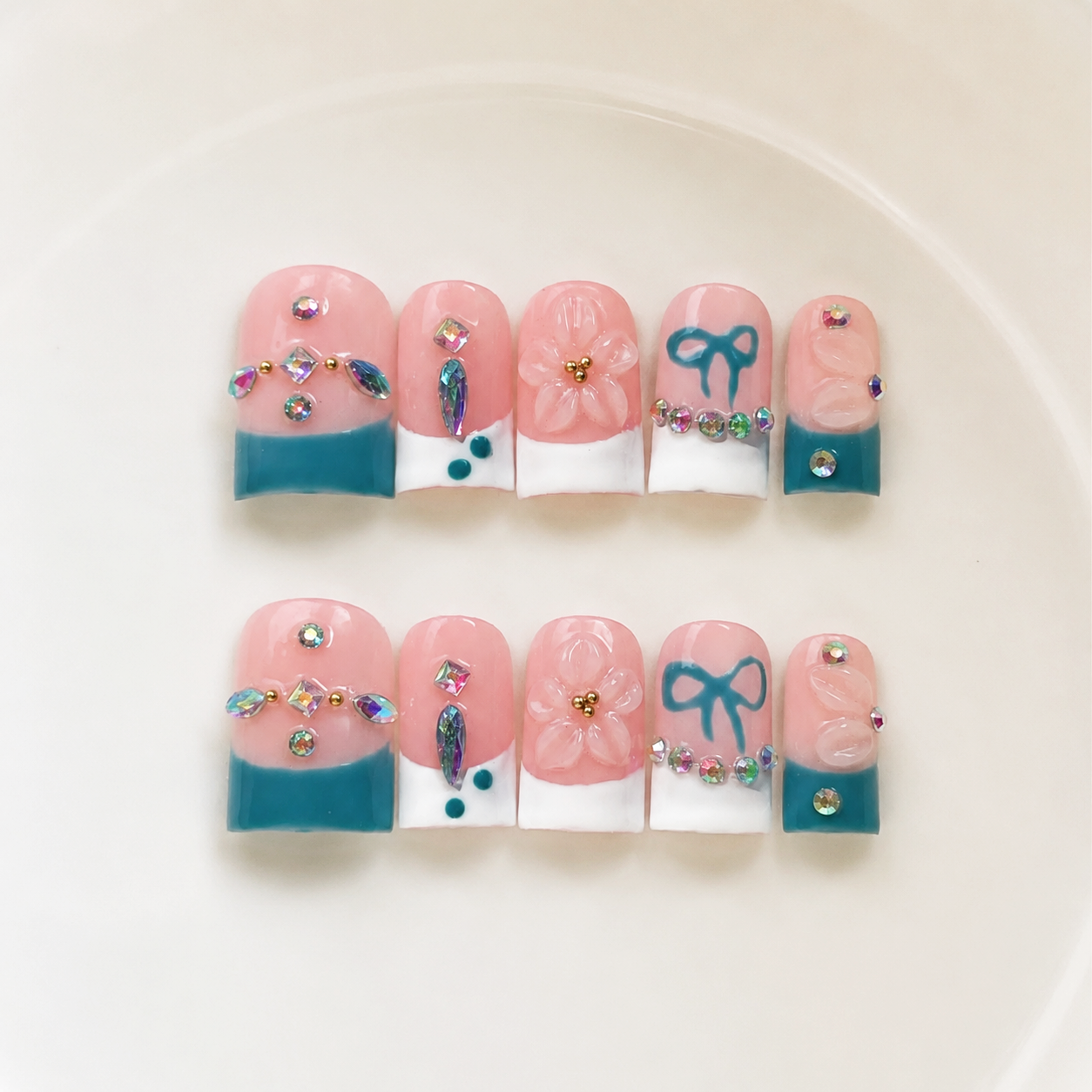 Handmade short square blue french press on nails nude white tips with hand painted bow & 3D flower-Waves A092