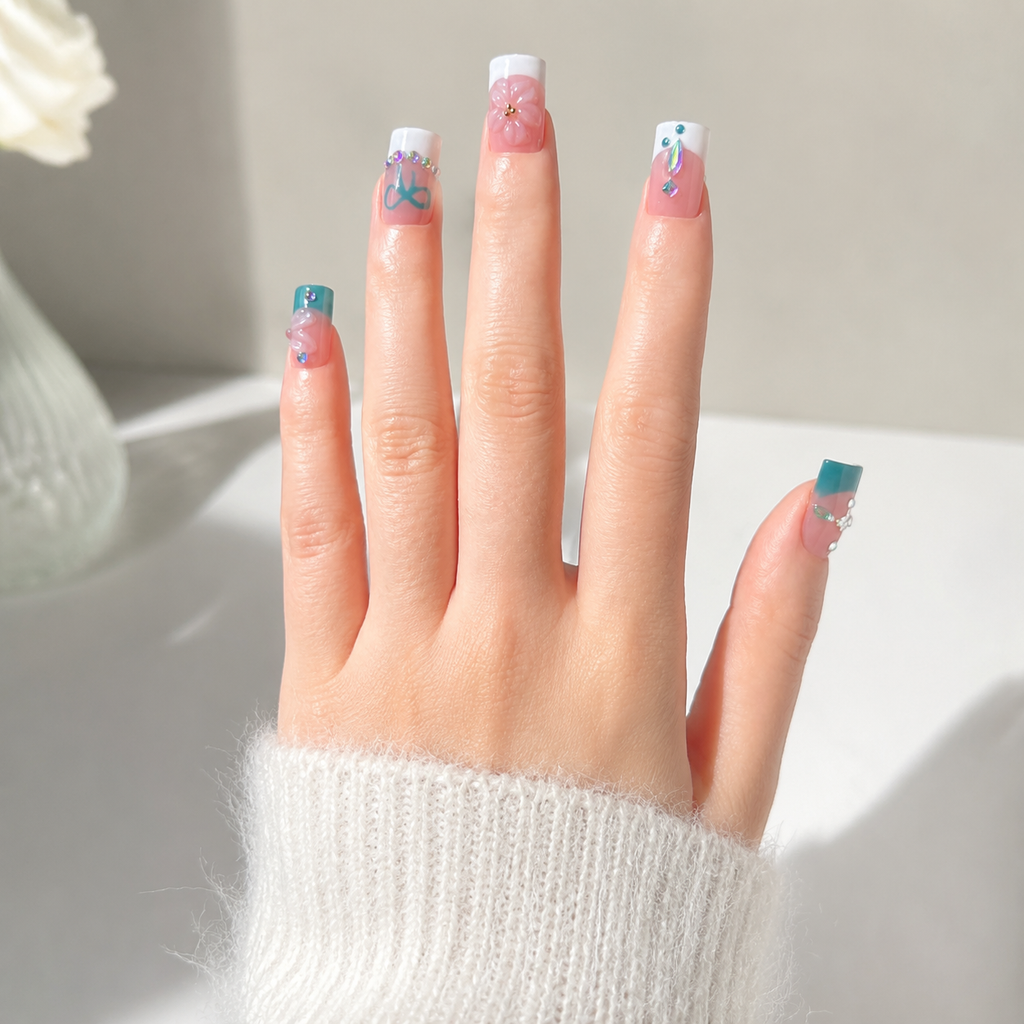 Handmade short square blue french press on nails nude white tips with hand painted bow & 3D flower-Waves A092
