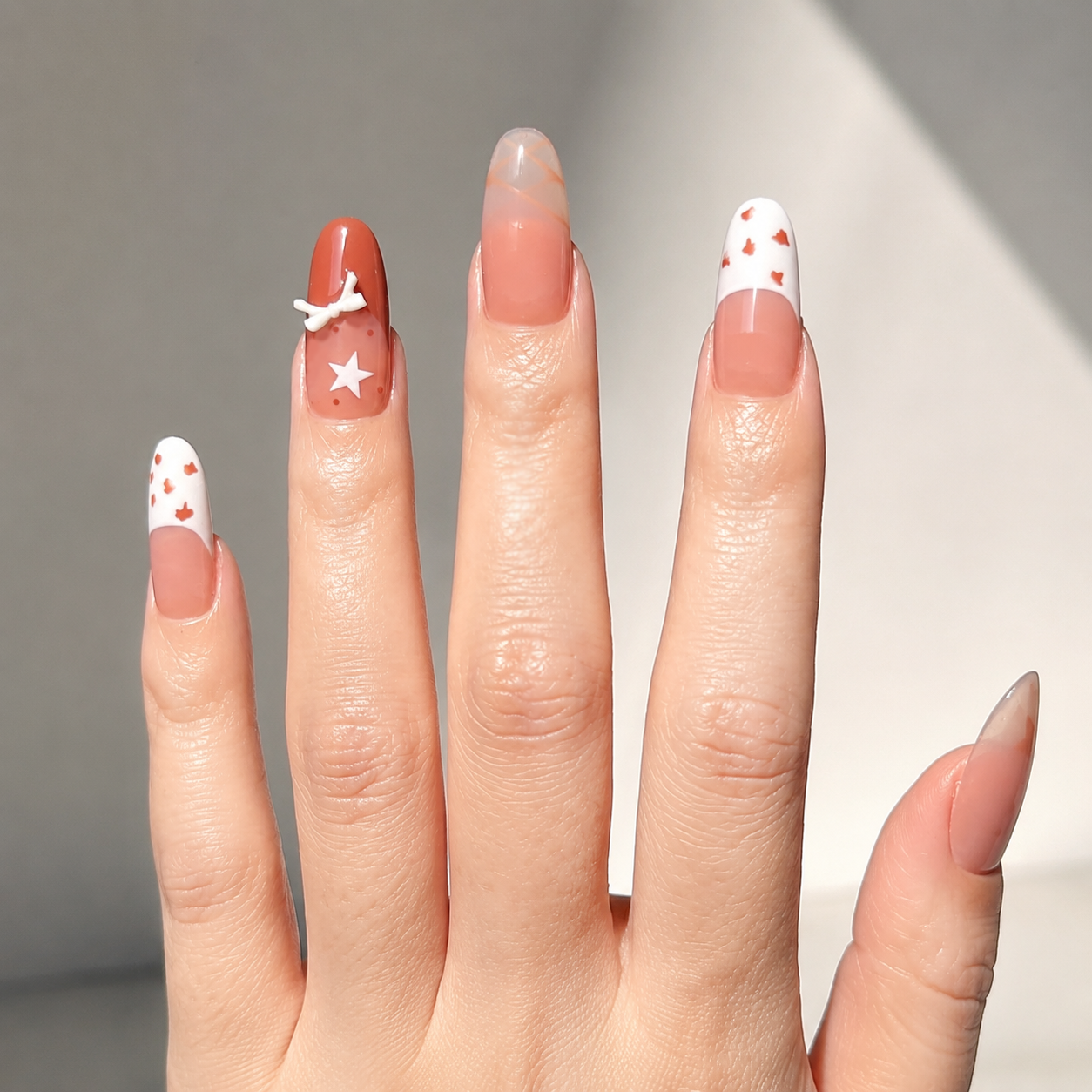 Handmade mediumoval press on nails nude brown french tips with hand painted stars-Wafer Biscuits A091