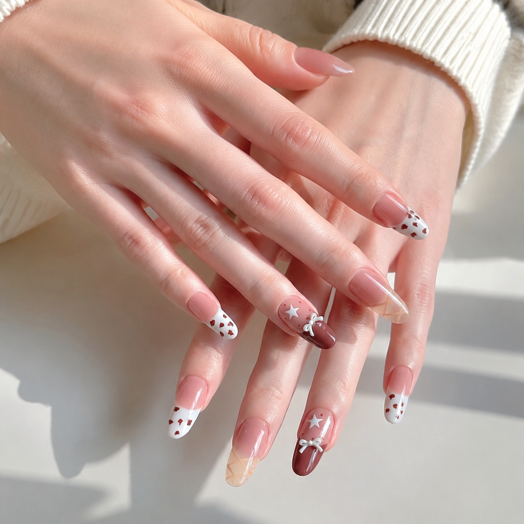 Handmade mediumoval press on nails nude brown french tips with hand painted stars-Wafer Biscuits A091