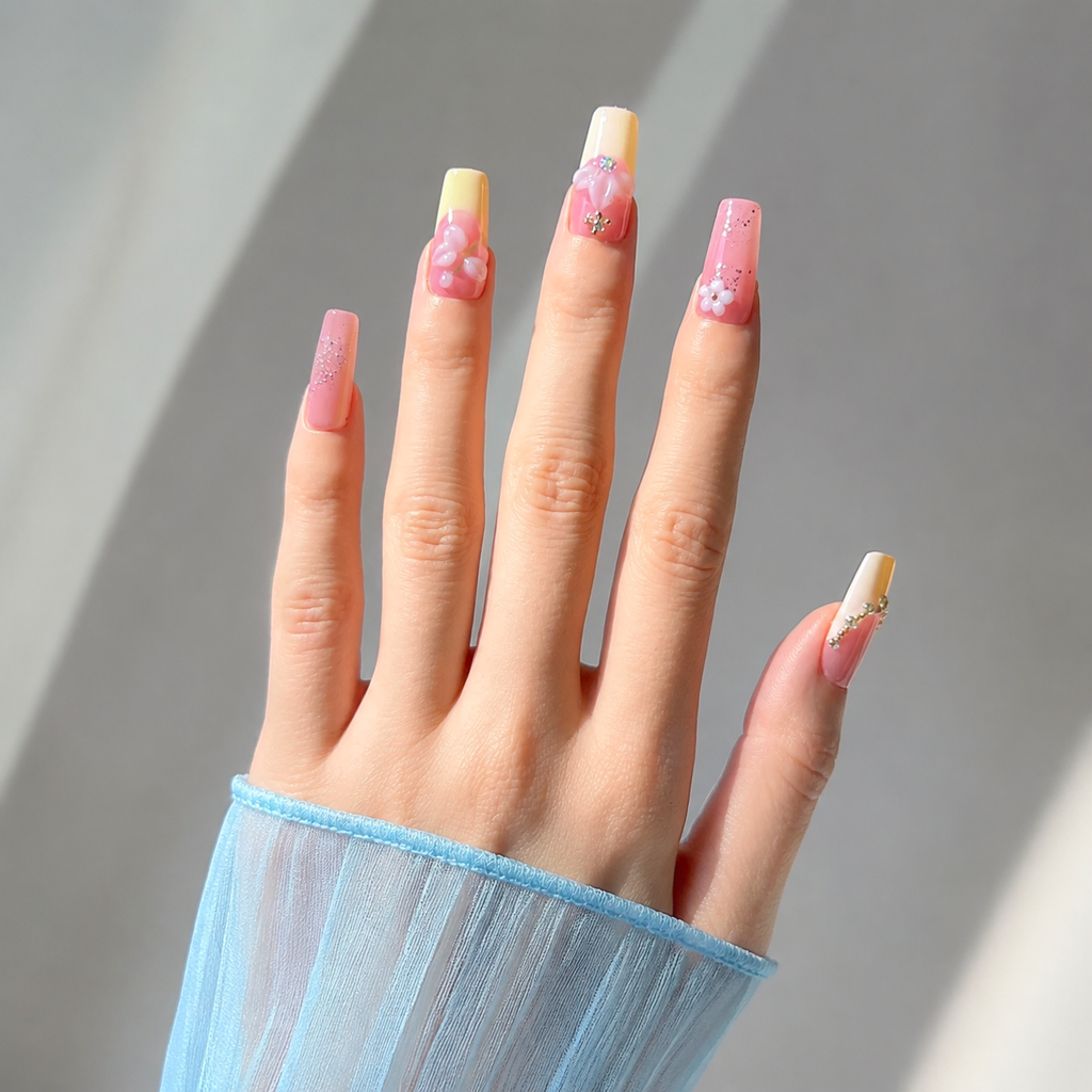 Handmade nude pink yellow french tip press on nails with 3D floral nails medium coffin fake nails-Sweet Petal A093