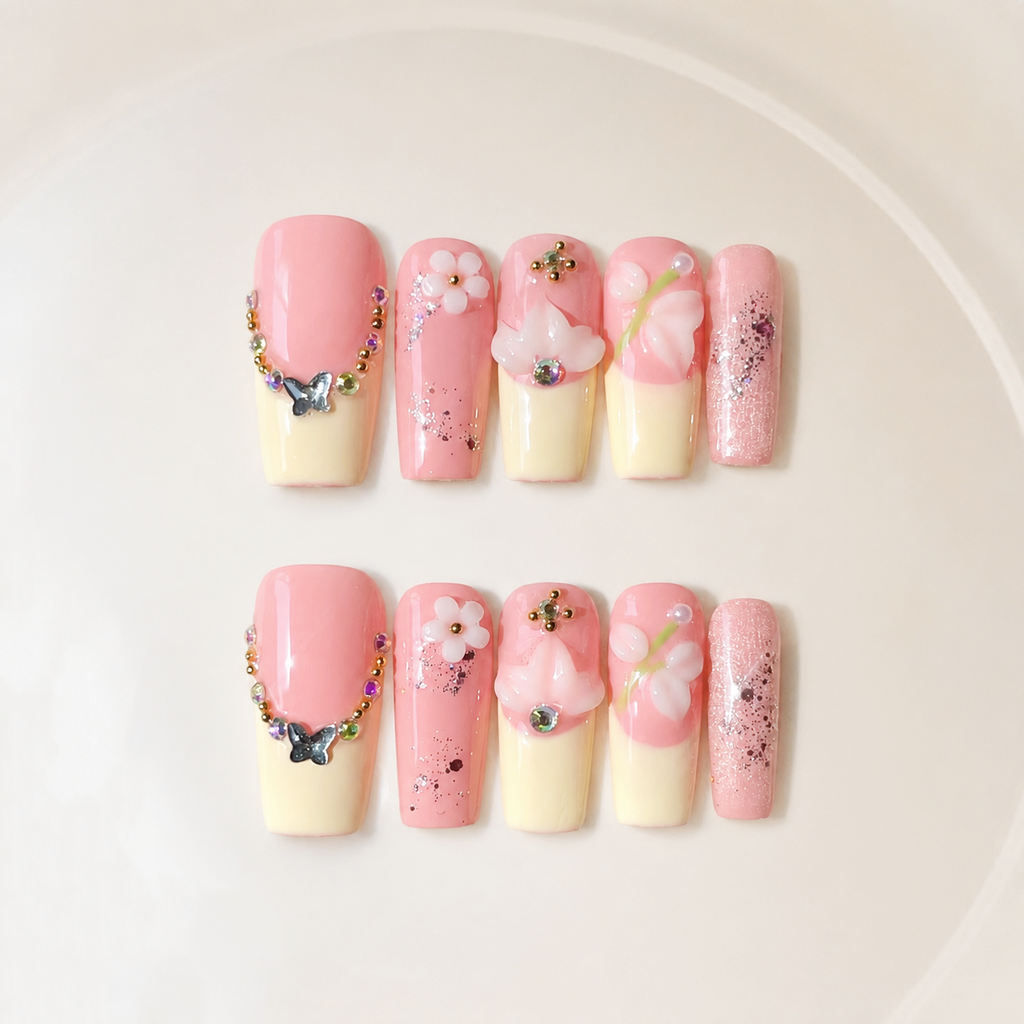Handmade nude pink yellow french tip press on nails with 3D floral nails medium coffin fake nails-Sweet Petal A093