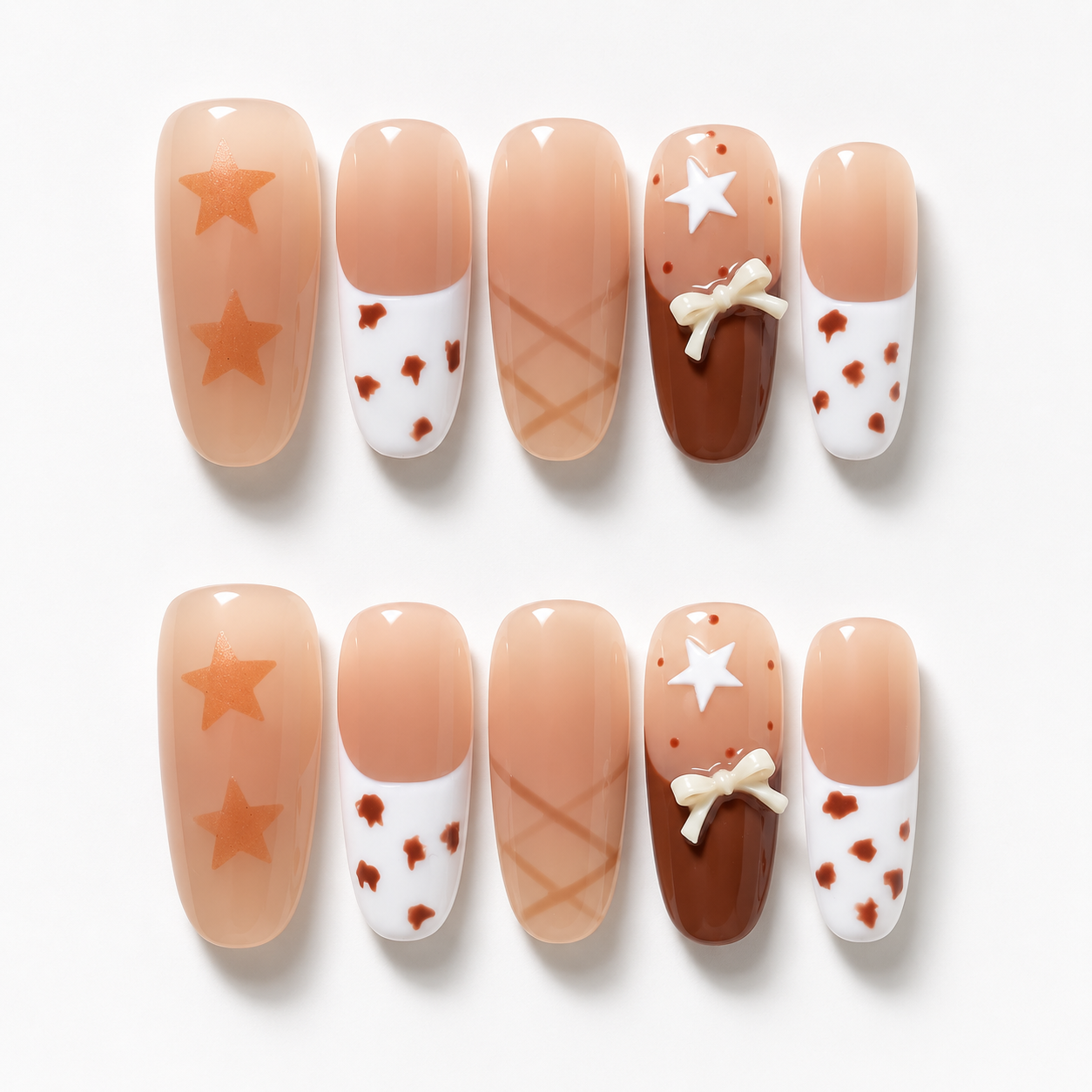 Handmade mediumoval press on nails nude brown french tips with hand painted stars-Wafer Biscuits A091