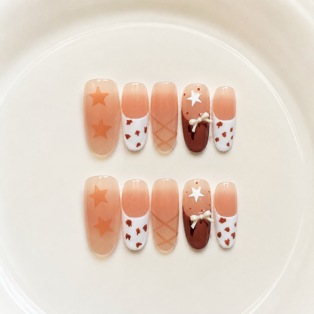 Handmade mediumoval press on nails nude brown french tips with hand painted stars-Wafer Biscuits A091