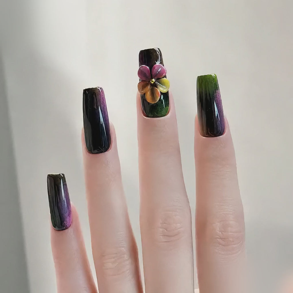 Handmade black neon graffiti press on nails medium coffin  pink green abstract swirl with 3D flower accent-Punk Graffiti A056
