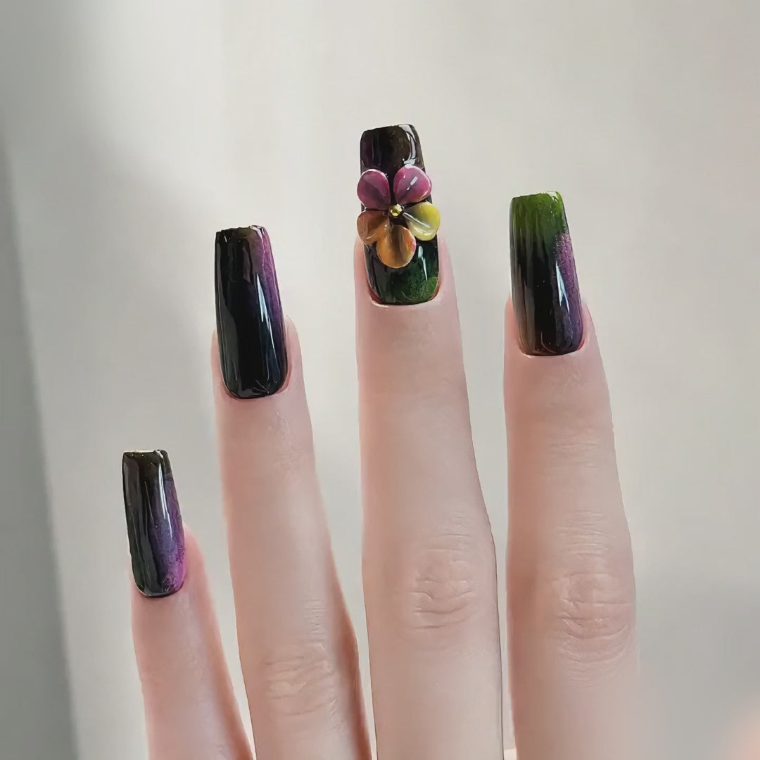 Handmade black neon graffiti press on nails medium coffin  pink green abstract swirl with 3D flower accent-Punk Graffiti A056