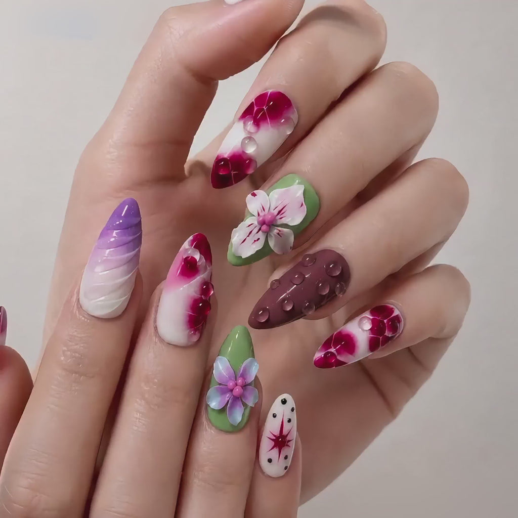 Elegant handmade nails 3D purple flower design with pearl details medium almond Nails feminine vibe-Glass Garden Theory A002