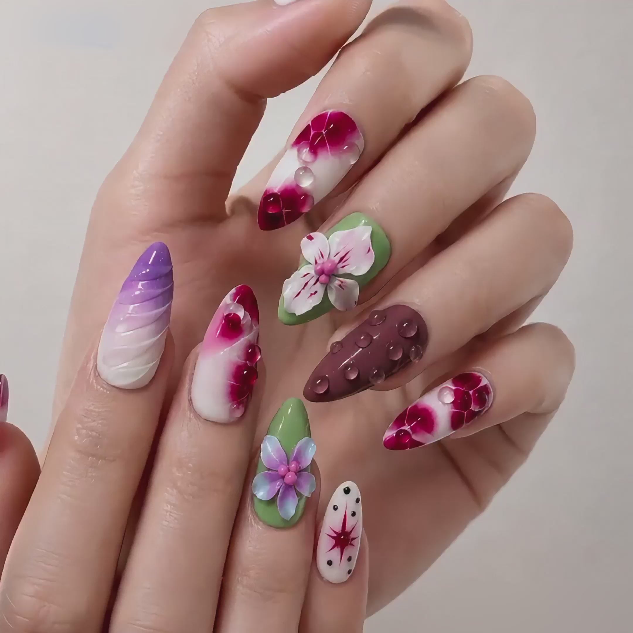 Elegant handmade nails 3D purple flower design with pearl details medium almond Nails feminine vibe-Glass Garden Theory A002