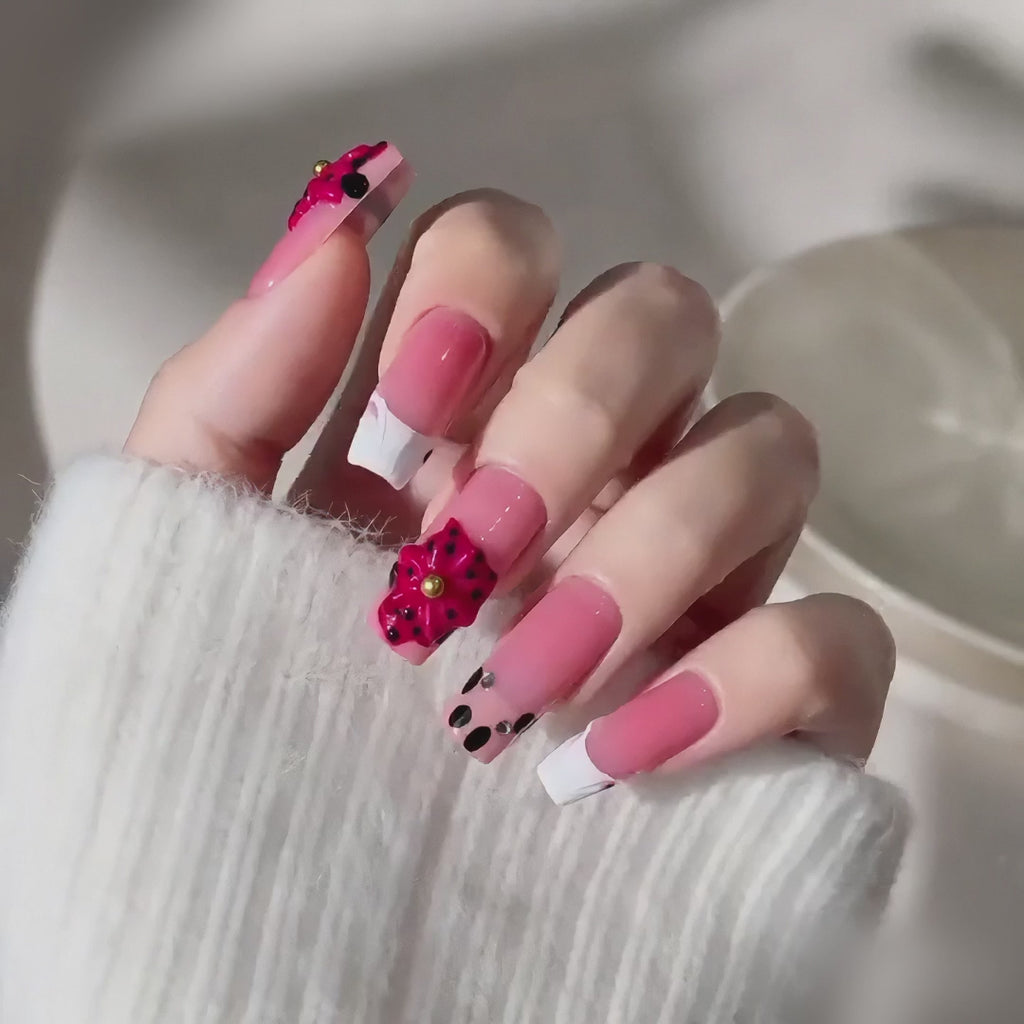 Handmade medium coffin pink blossom 3D floral french tip oress on nails hand painted pink white french manicure nails-Berry Flower A048