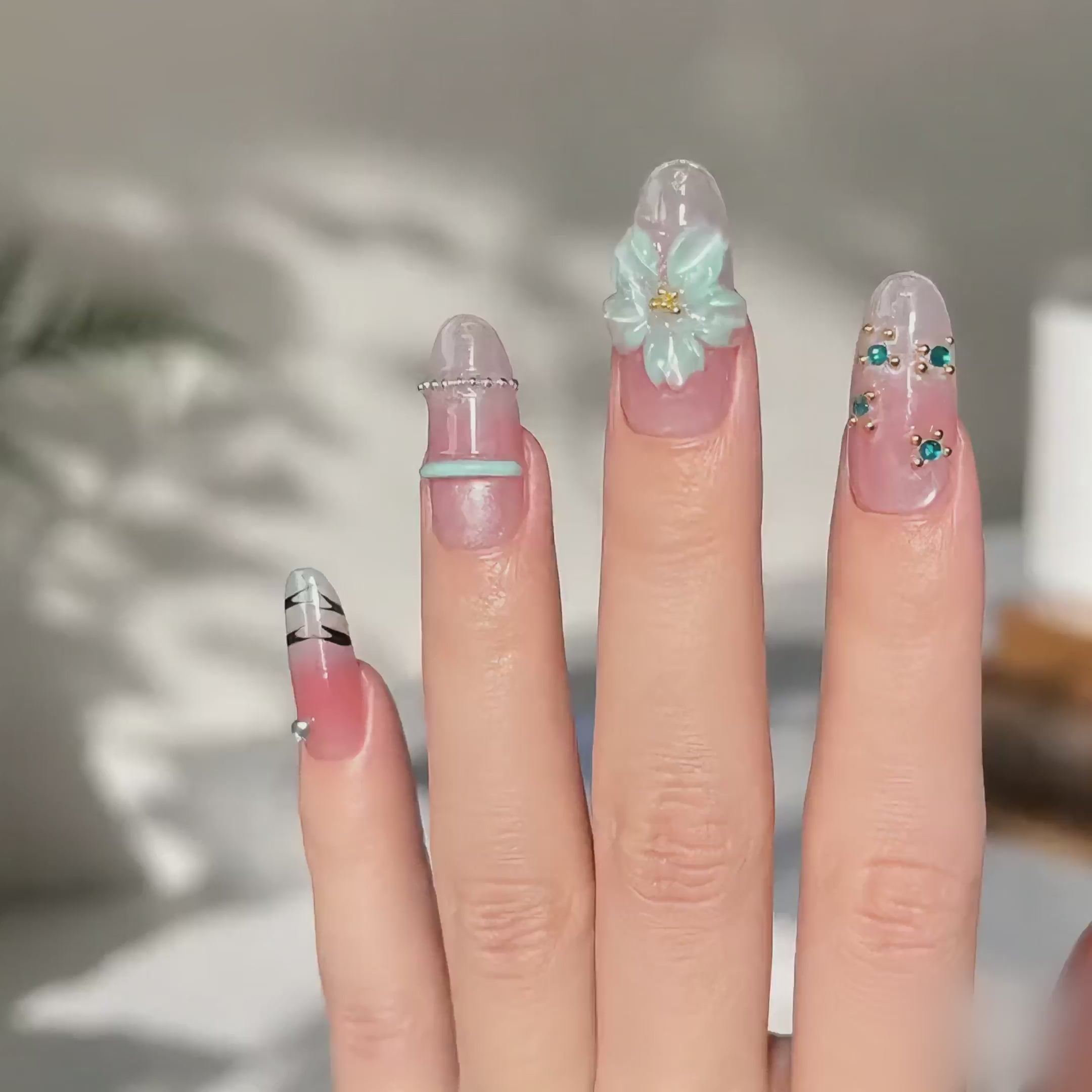 Handmade medium almond 3D floral nails pastel bloom Y2K pink mint Floral Pearl Accent Set-Summer of Mint A022
