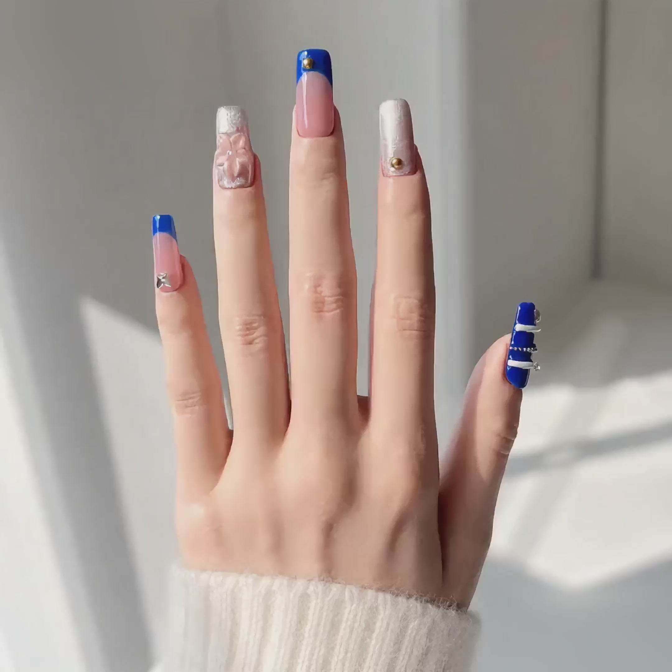 Handmade royal blue & silver glam with 3D flower medium coffin nails gold accent design-Blue Bloom A016
