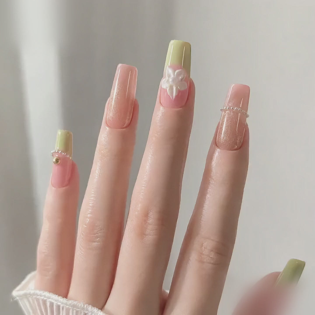 Handmade press on nails medium coffin Pink cat eye blush & lime green french tip 3D floral accent gold bead charm & glitter detail-Lime A067