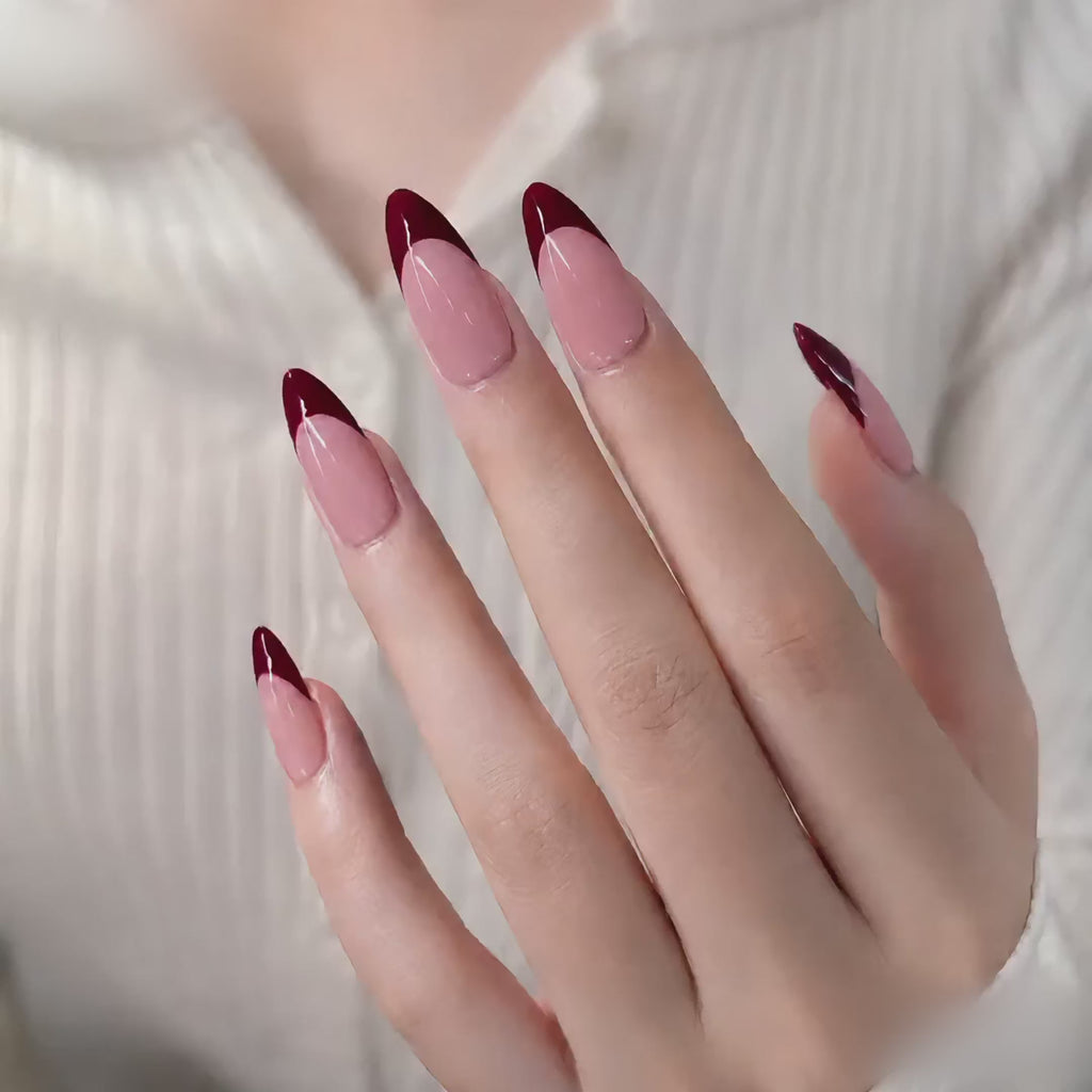Handmade medium almond red french tip natural press on nail, Premium Hand paint Nails-Red French A003